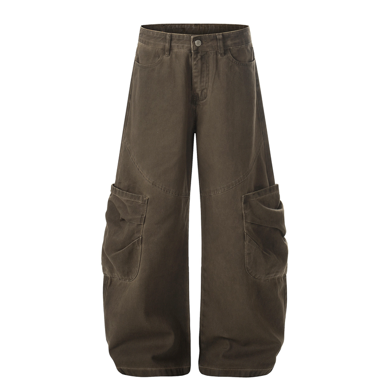 Front view of brown washed wide-leg cargo pants with snap waistband and flap leg pockets