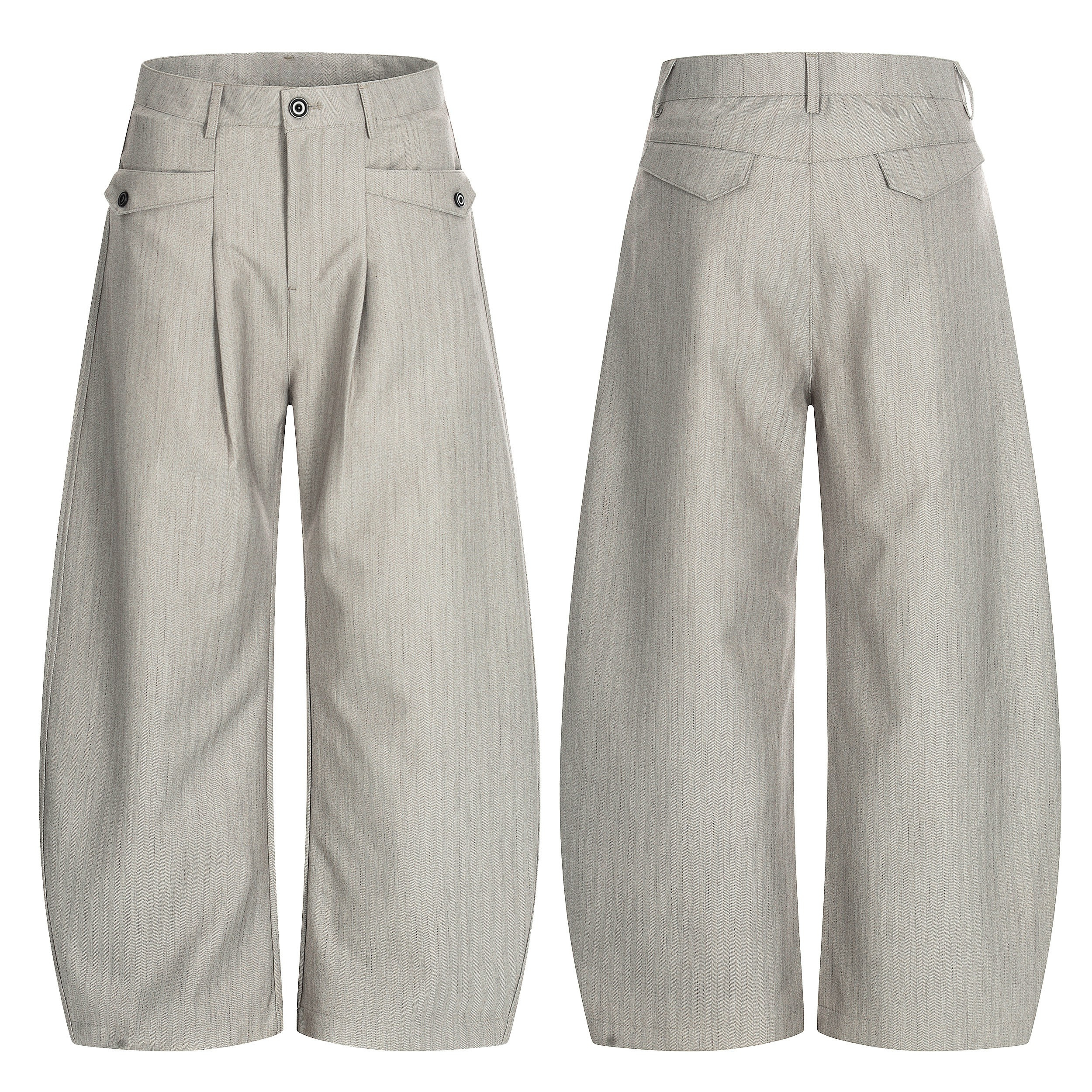 Front and back view of light grey wide-leg barrel tailored trousers with pleats, high waist, and snap hip pockets