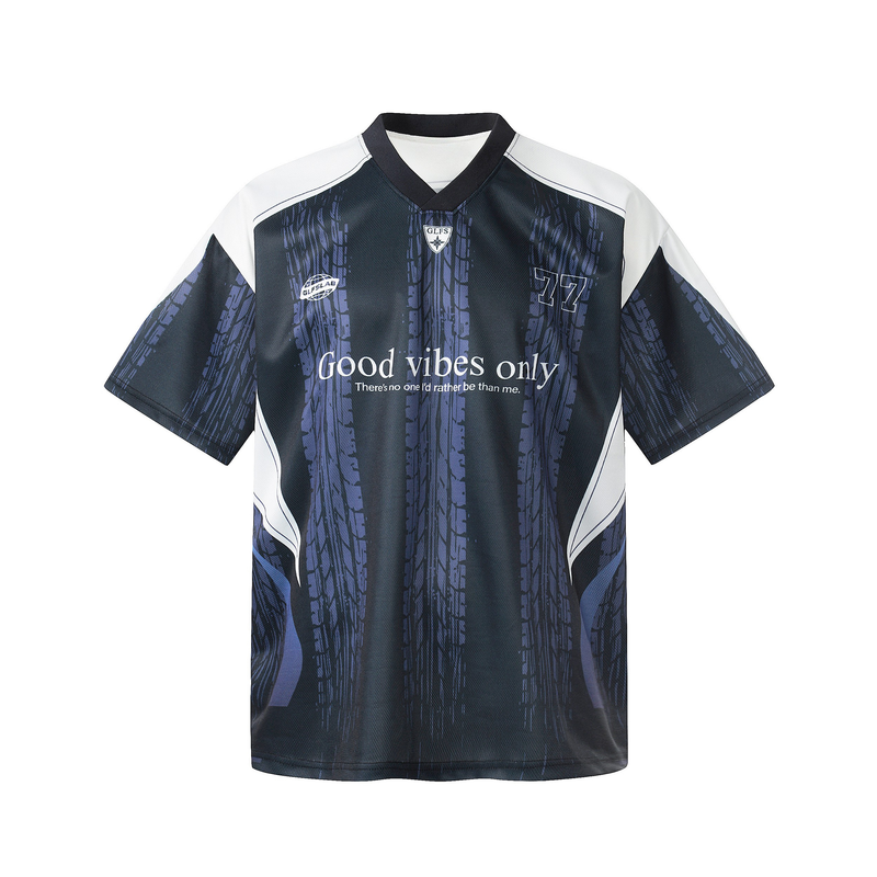 Black and blue mesh soccer jersey with white shoulders, number 77, and Good Vibes Only graphic on the front