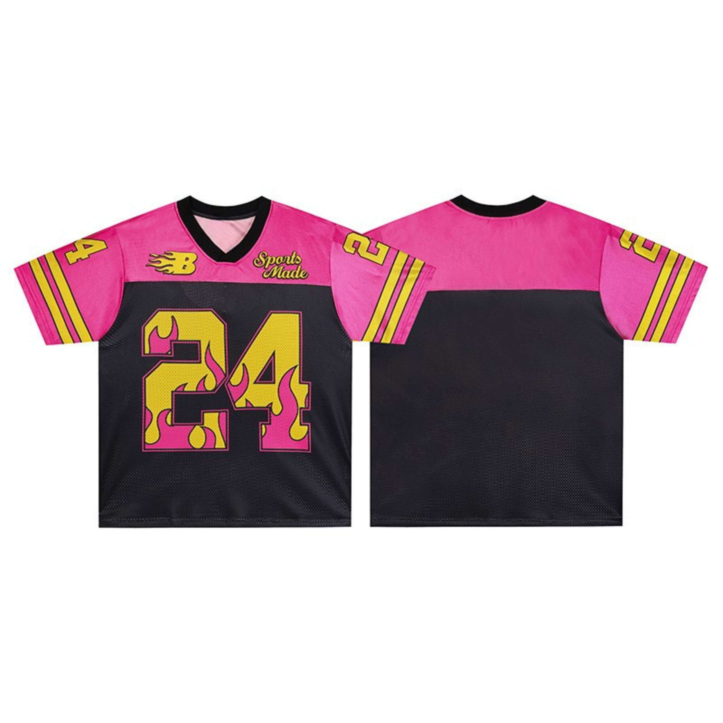 Pink and black football jersey with yellow flame number 24 graphic, stripe sleeves, and V-neck collar, front and back view
