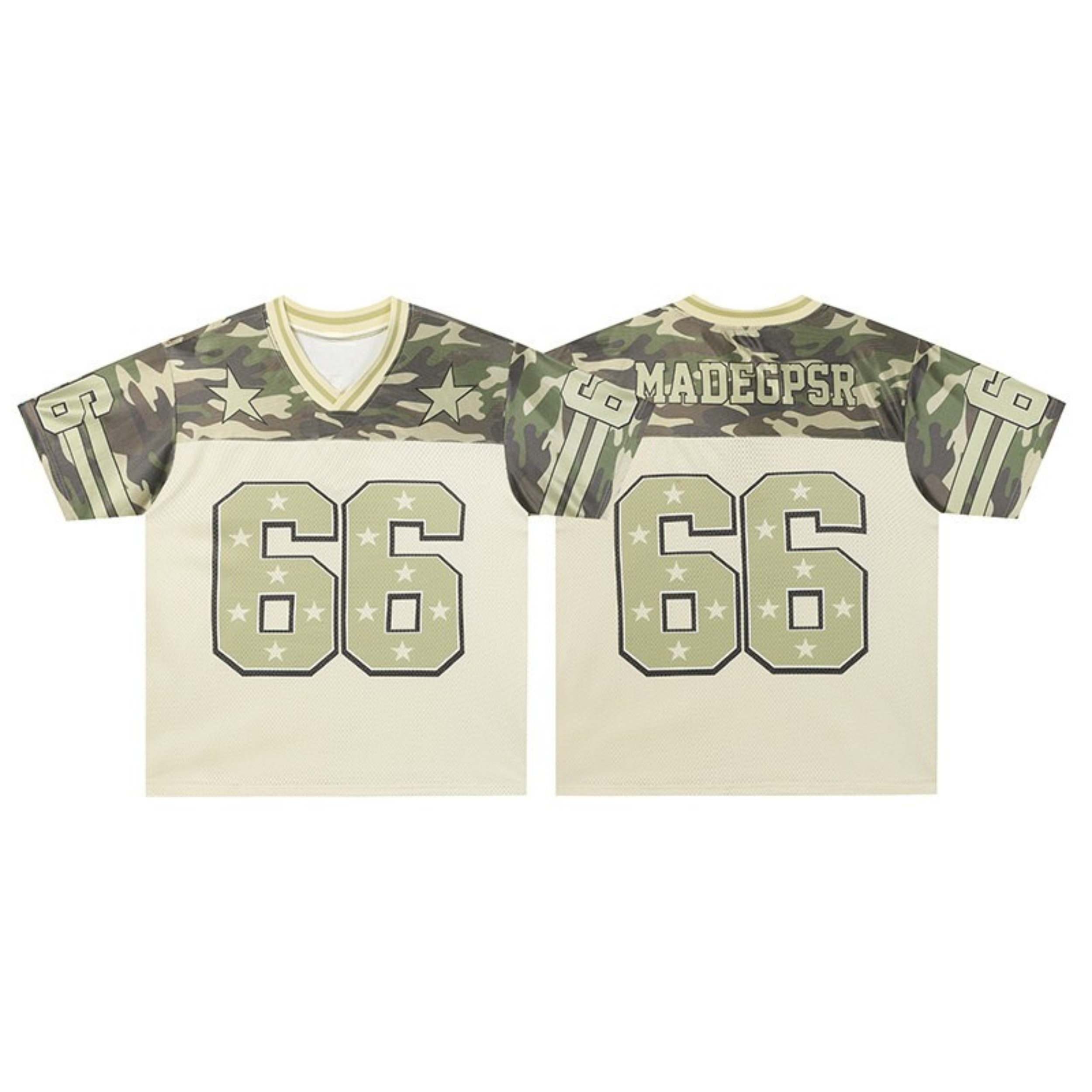 Front and back view of cream and camo football jersey with oversized 66 varsity number and star graphic detailing