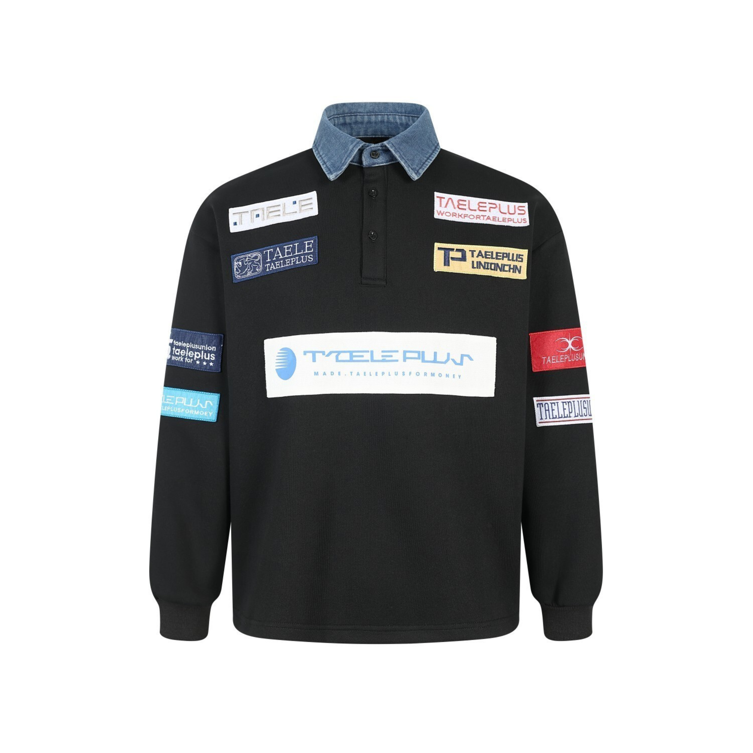 Patchwork Polo Sweatshirt with Contrast Denim Collar