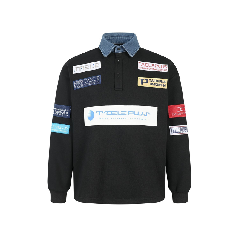 Black patchwork polo sweatshirt with denim collar and colorful chest and sleeve patches, front view