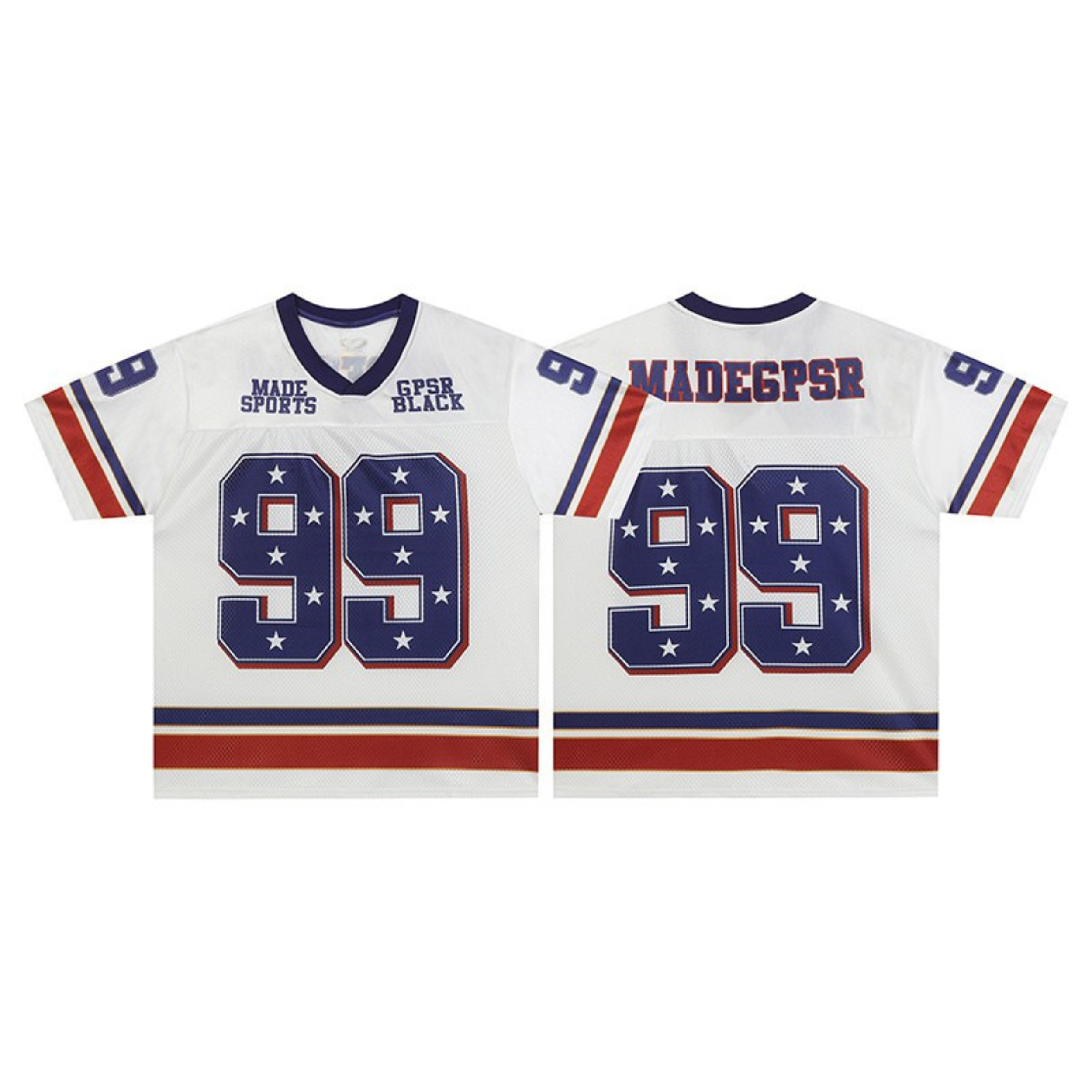 White retro football jersey with navy star-filled number 99 graphic, red and blue stripe accents, front and back view