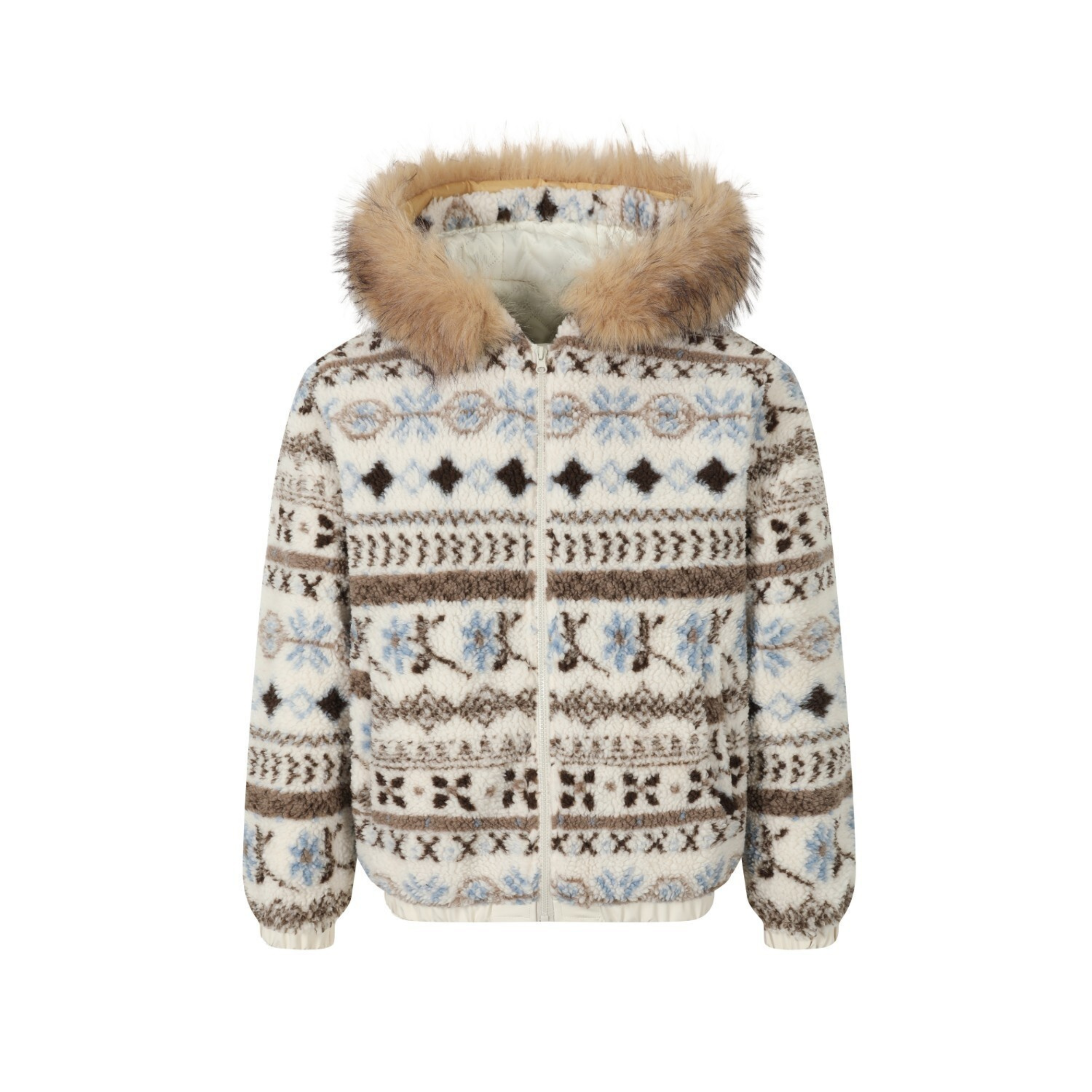 Nordic Fair Isle Faux Fur Hood Fleece Jacket | SEAKOFF