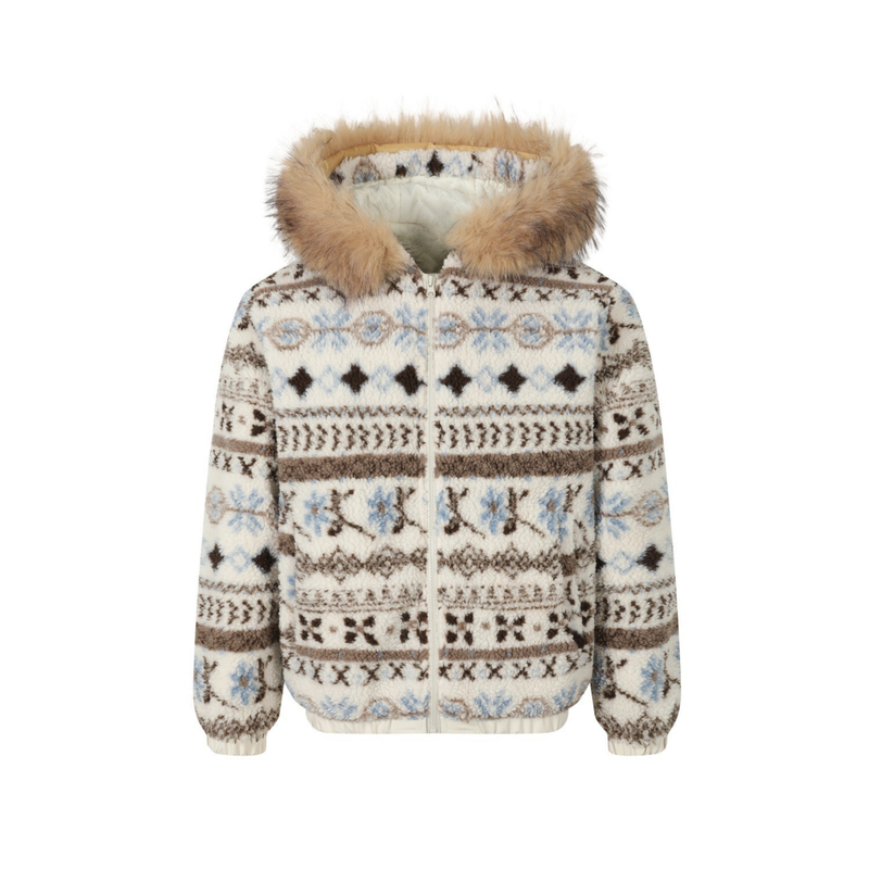 Nordic Fair Isle Faux Fur Hood Fleece Jacket | SEAKOFF