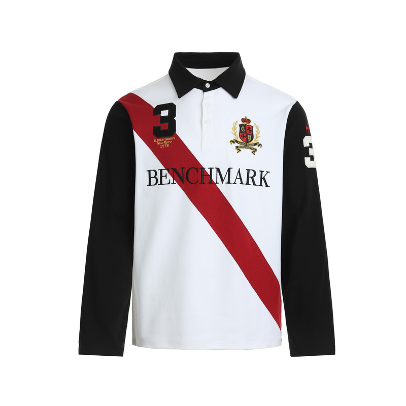 White long sleeve polo shirt with black collar, red diagonal stripe, and chest crest graphic