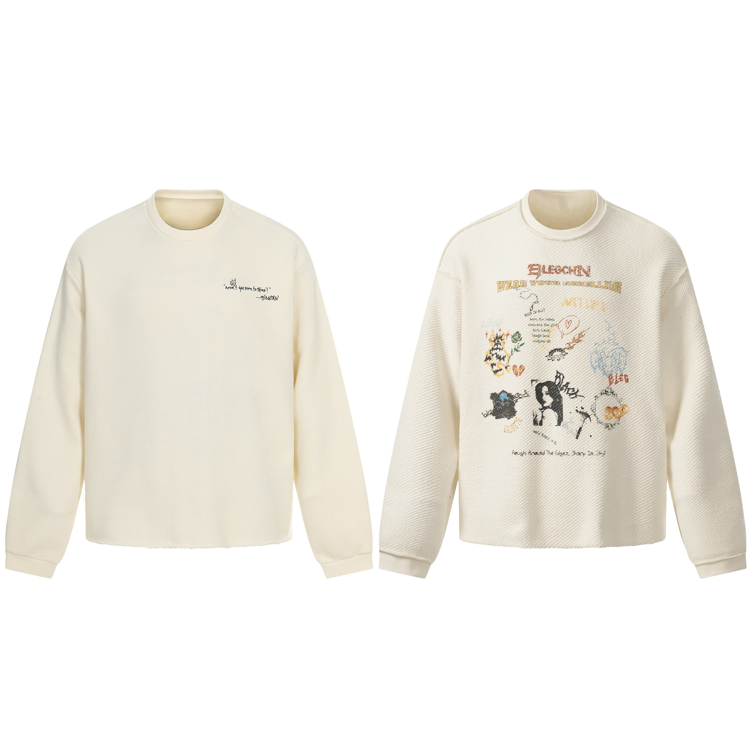 Off-white textured cotton sweatshirt showing front and back views with collage-style hand-drawn graphic print