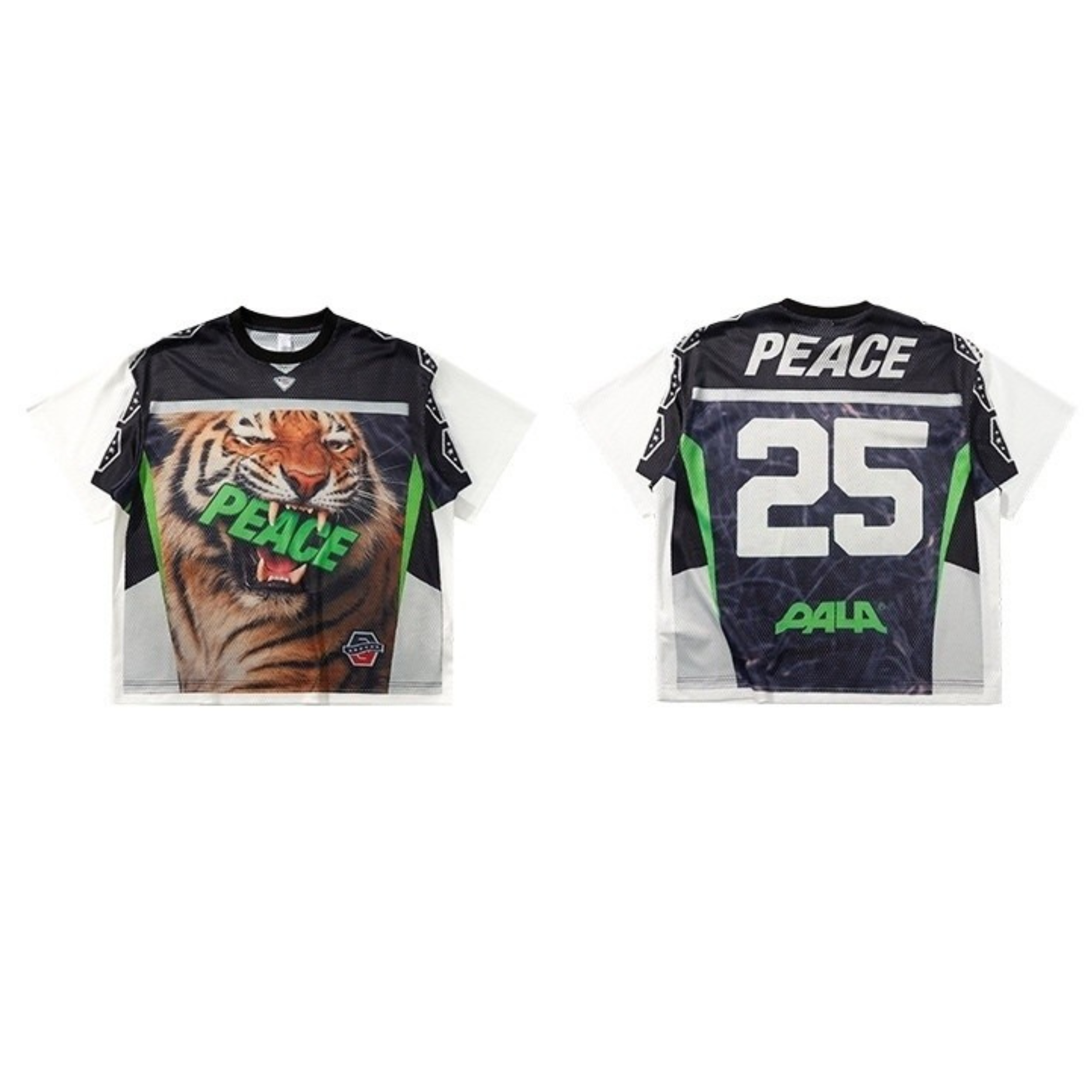 Front view of Omirad Tiger Peace Mesh Jersey featuring a roaring tiger graphic and green PEACE lettering on black and white m
