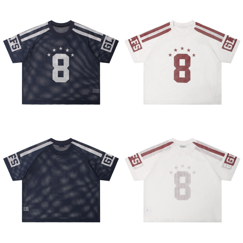 Oversized varsity mesh jersey with large number 8, shown in navy and white colorways with short sleeves and sporty shoulder stripes