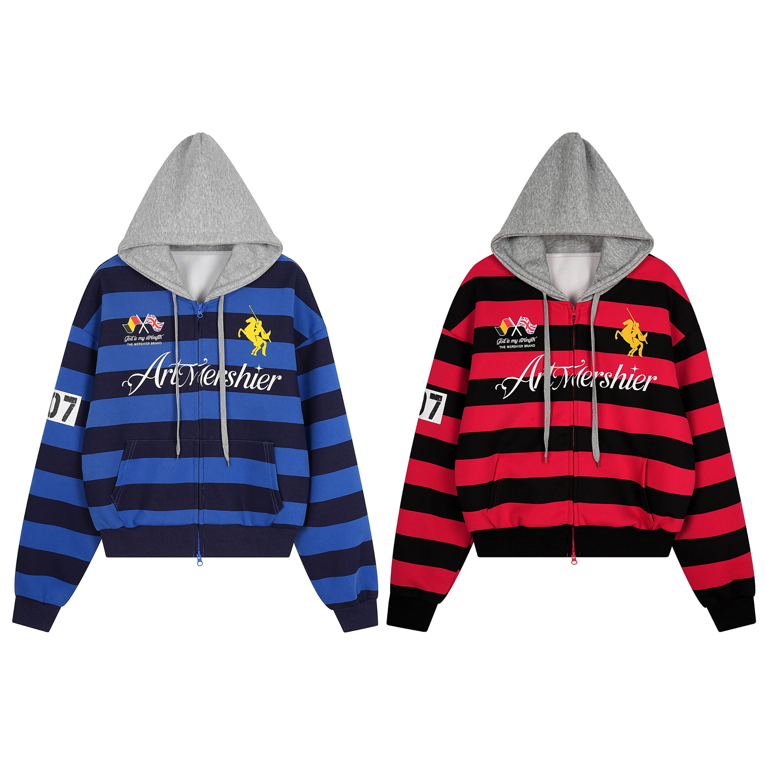 ArtMershier blue and navy striped zip-up hoodie with grey contrast hood and golden equestrian logo graphic