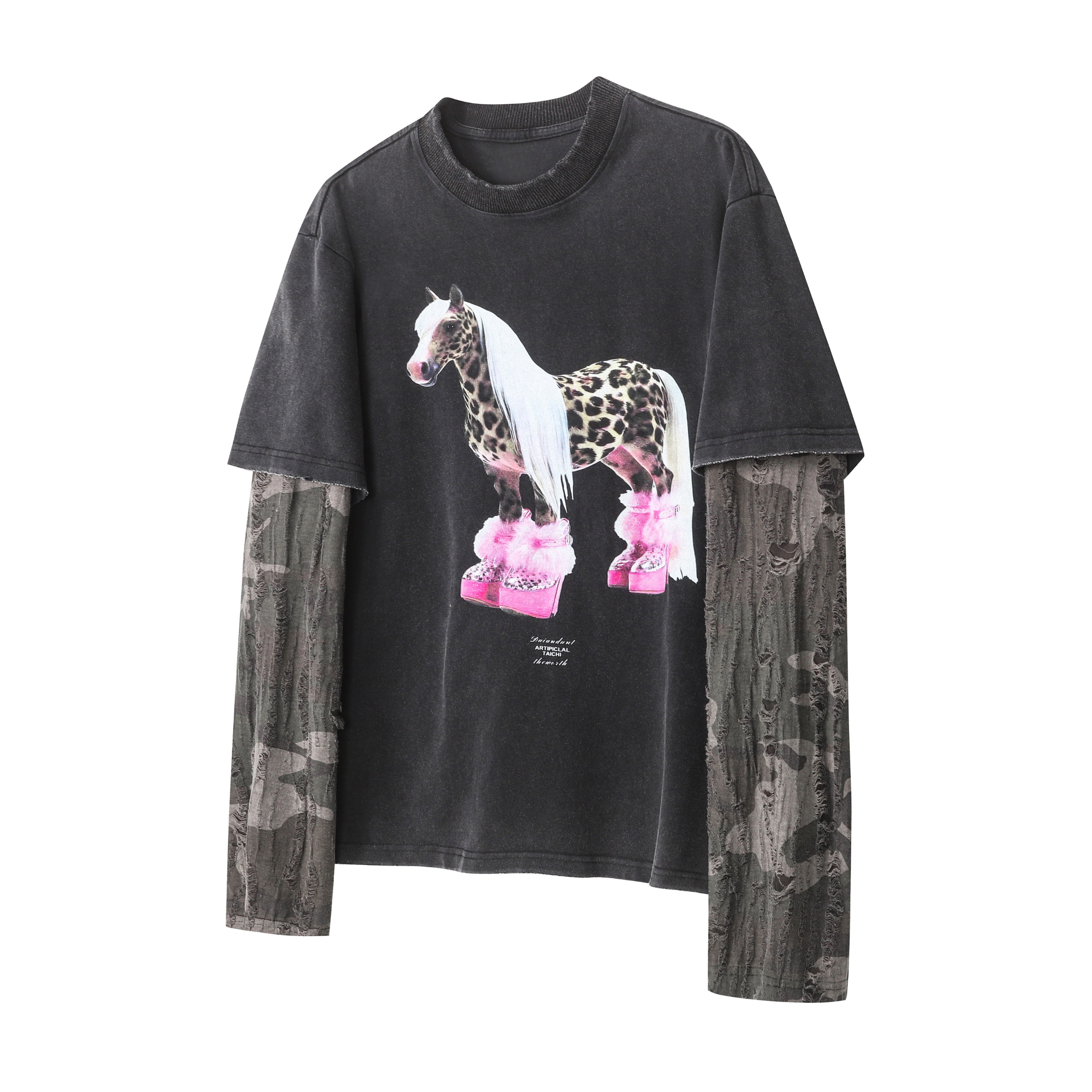 Layered Horse Graphic Tee | Camo Mesh Sleeve Streetwear