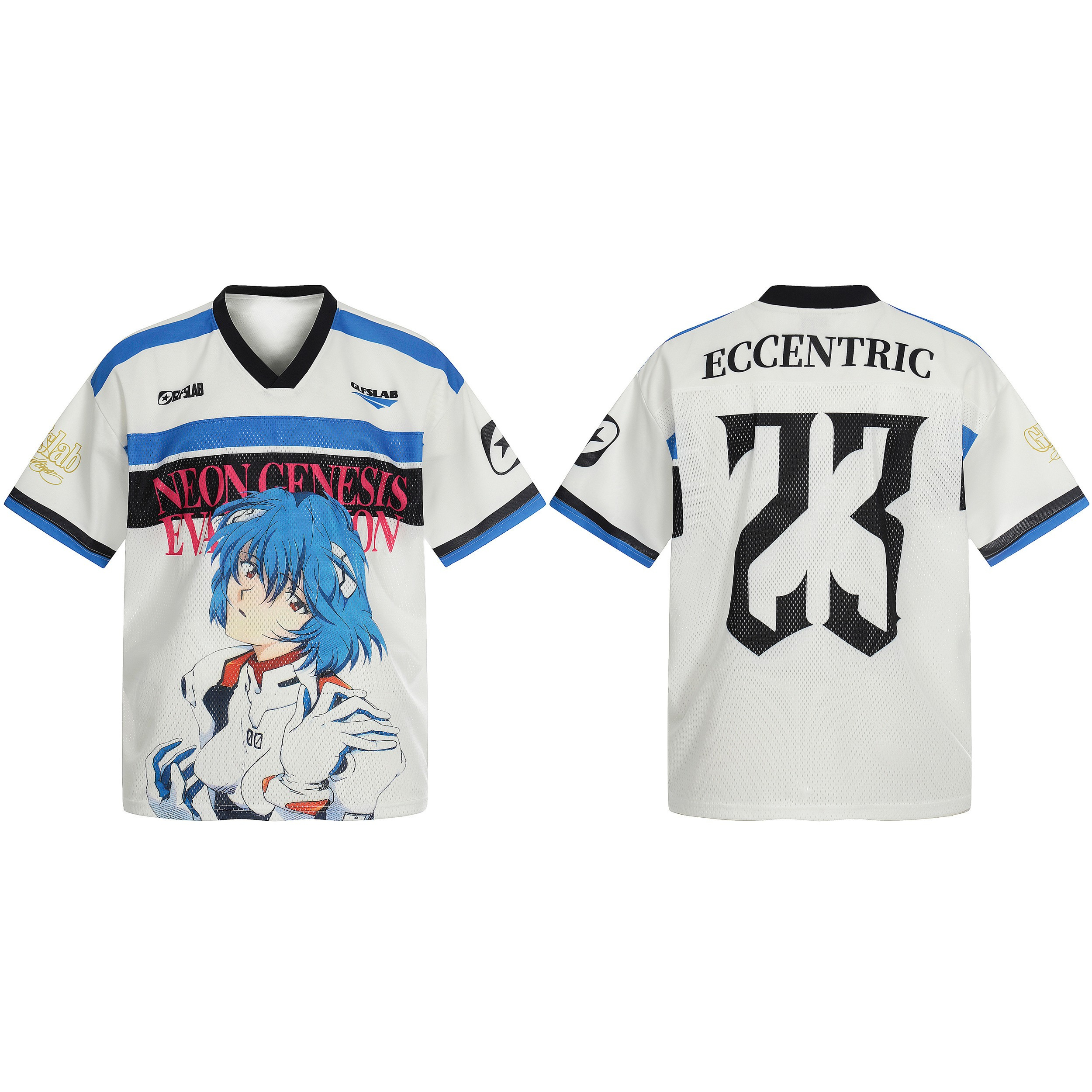 Front and back view of a white Neon Genesis Evangelion anime graphic mesh football jersey with blue panels and Rei Ayanami pr