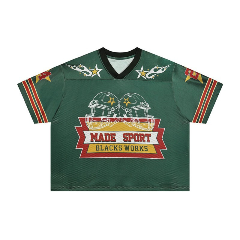 Green mesh football jersey with helmet graphic, star accents, striped sleeves, and bold MADE SPORT BLACKS WORKS print
