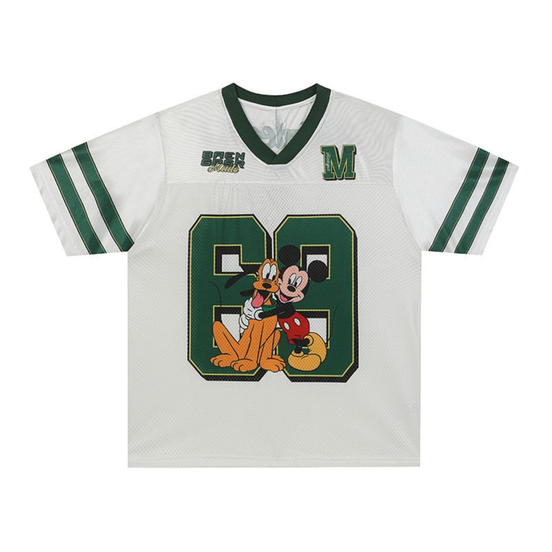 White varsity football jersey with green trim, Mickey and Pluto graphic, and bold number 69 on the chest