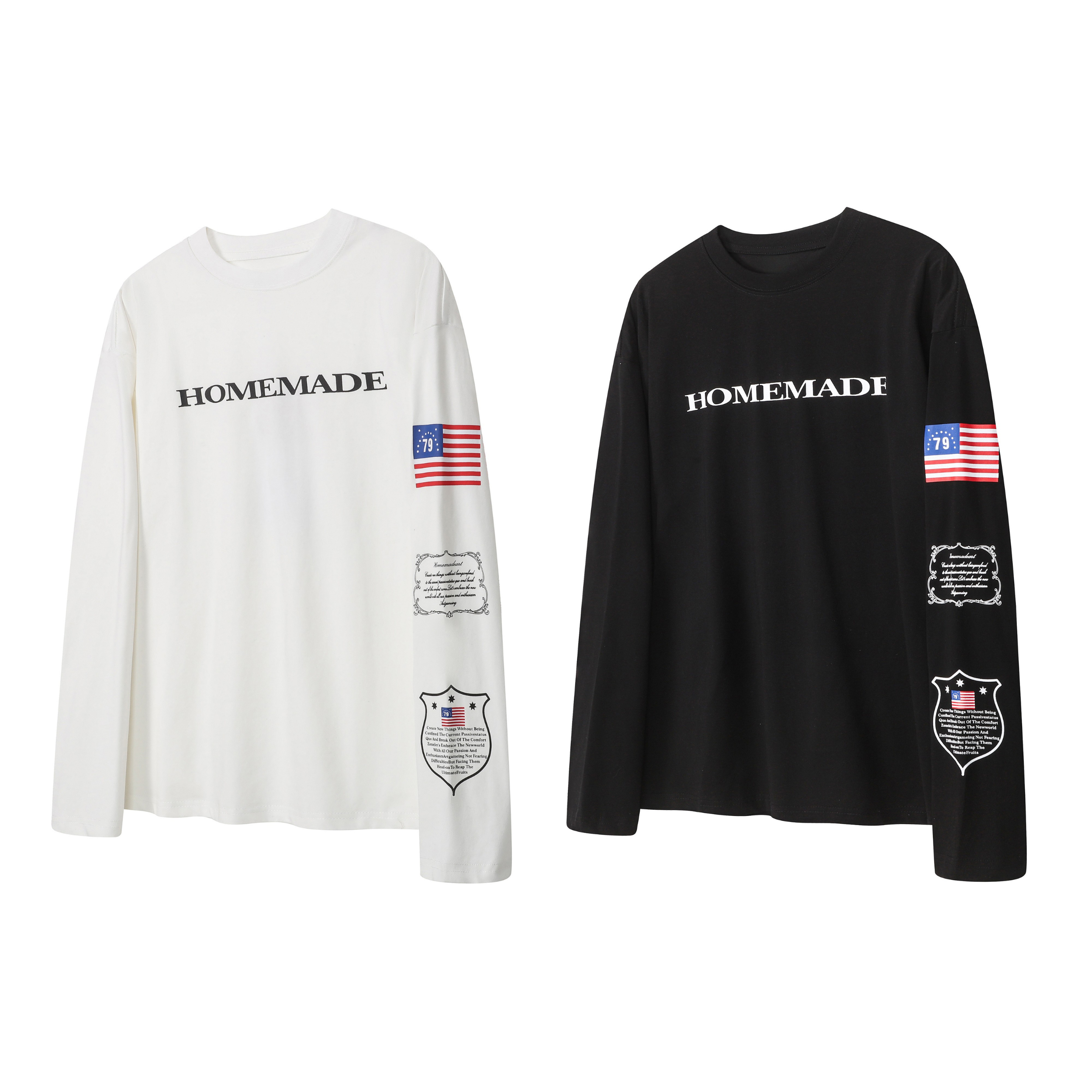 White and black Homemade Flag Graphic Long Sleeve Tees with American flag sleeve print and patch-style graphics