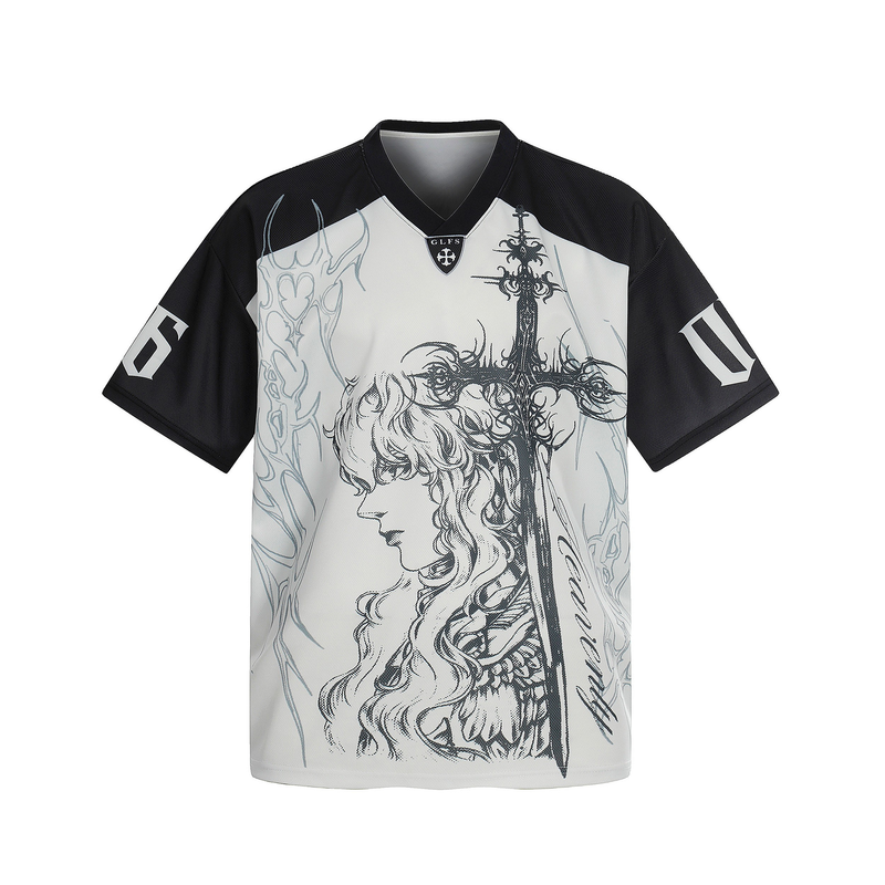 Black and white Gothic Blade mesh jersey with dark fantasy artwork and oversized streetwear fit