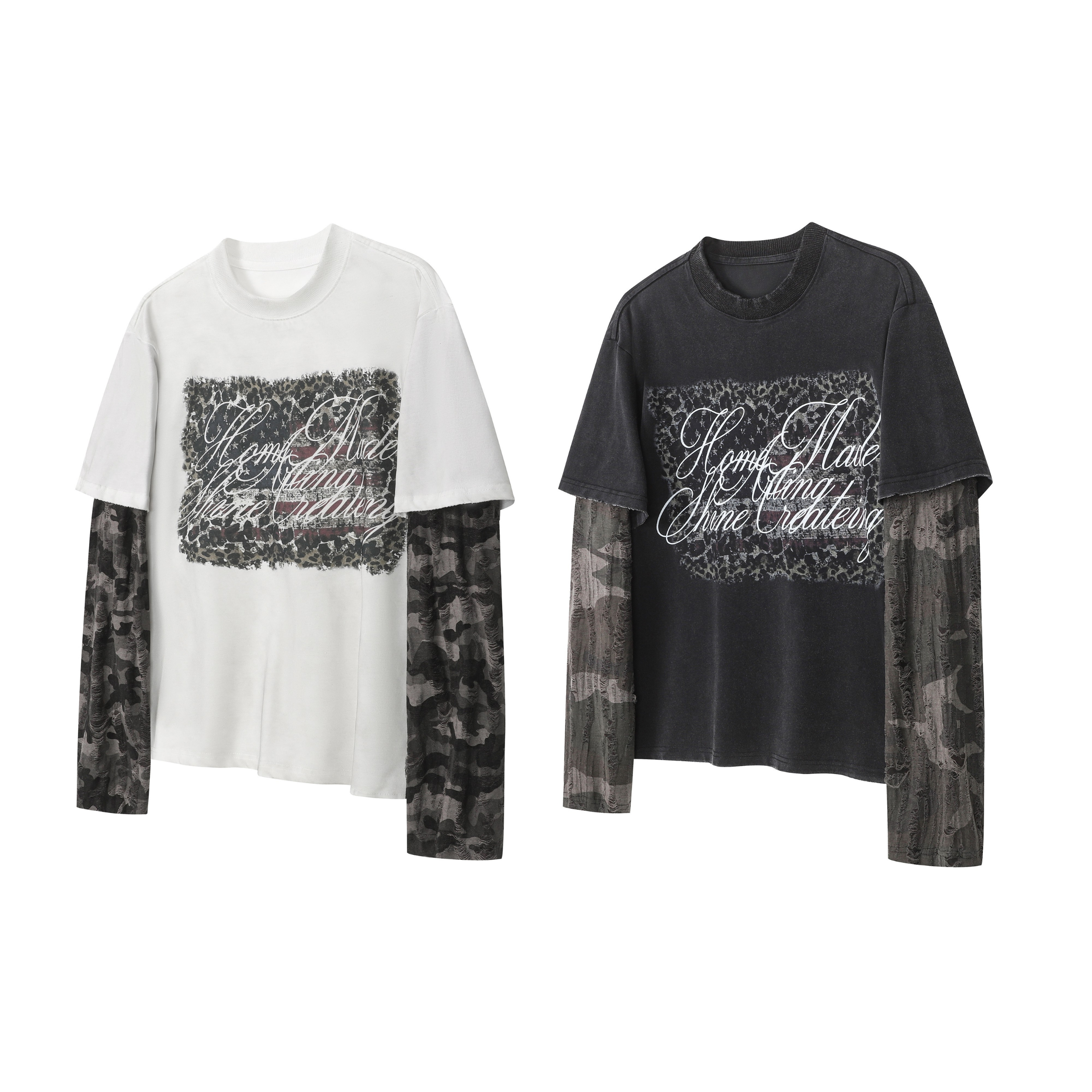 White and black layered script graphic tees with camo mesh long sleeves and leopard-panel chest print, flat lay product shot