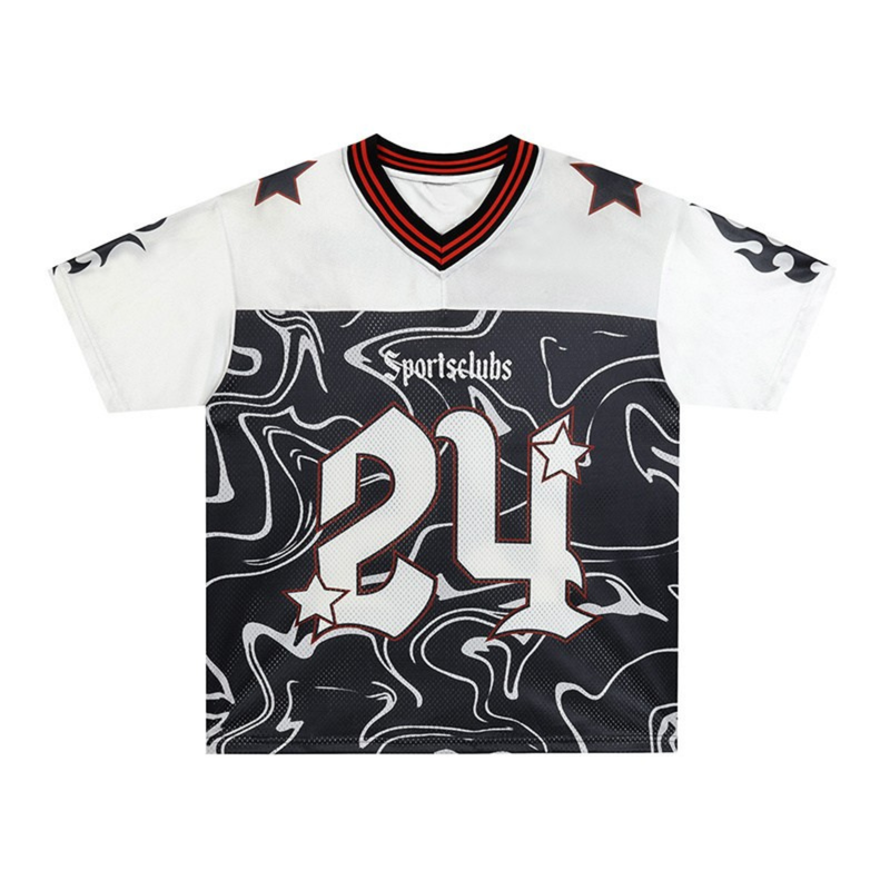 Black and white swirl camo football jersey with number 24, star accents, and red striped V-neck collar
