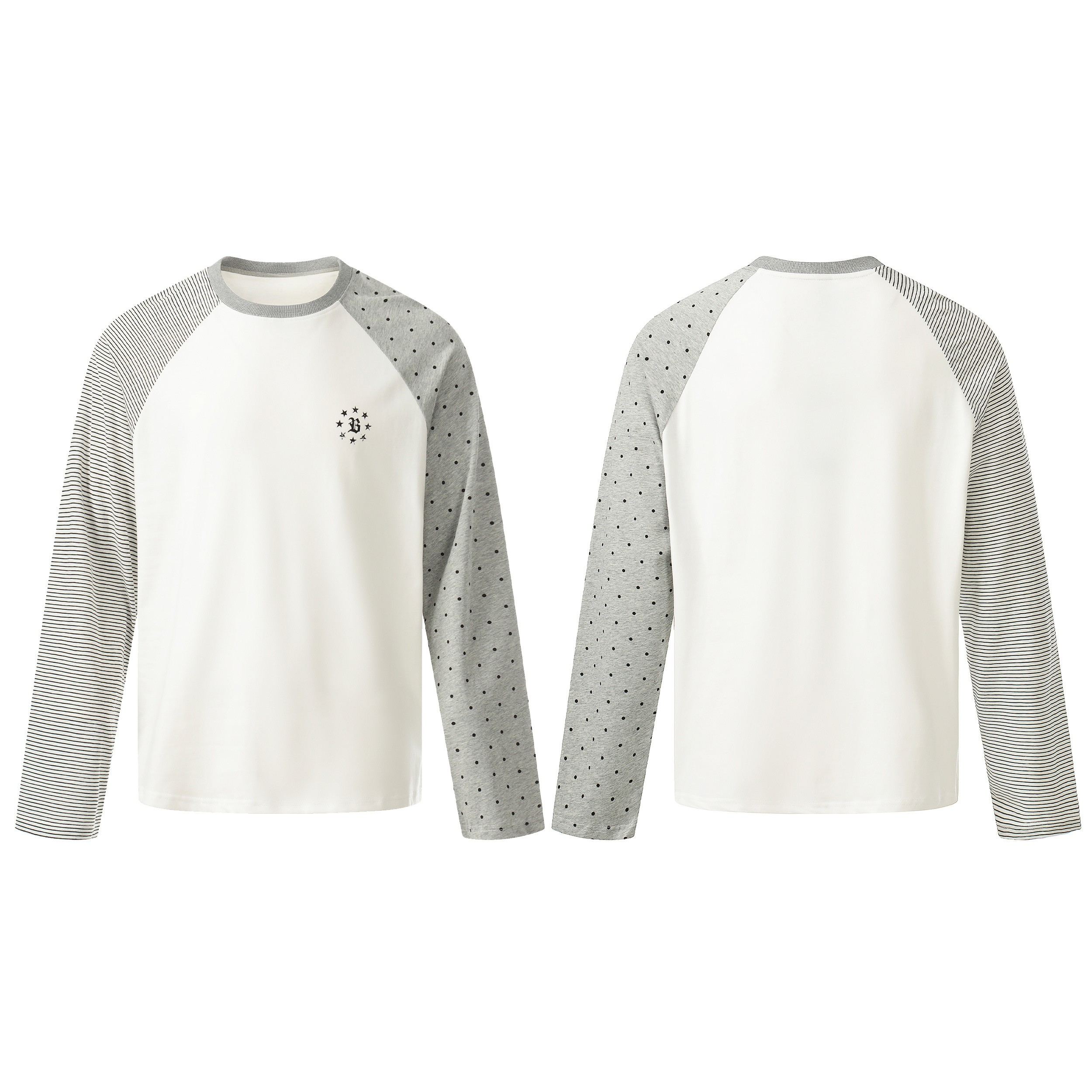 Front and back view of a white raglan long sleeve tee with striped left sleeve and grey polka dot right sleeve