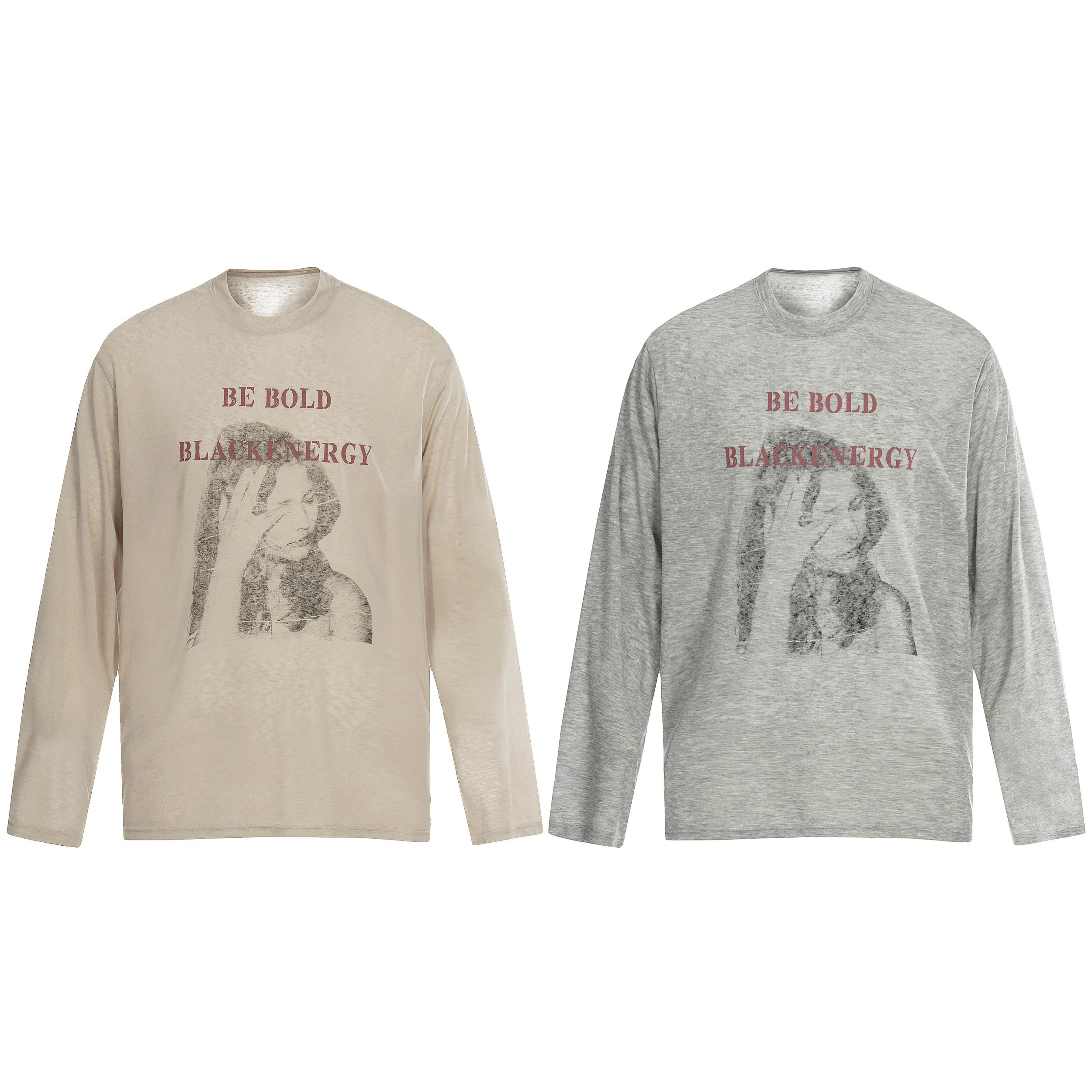 Sand beige long sleeve crew neck tee with distressed portrait graphic print and Be Bold Blackenergy text in burgundy