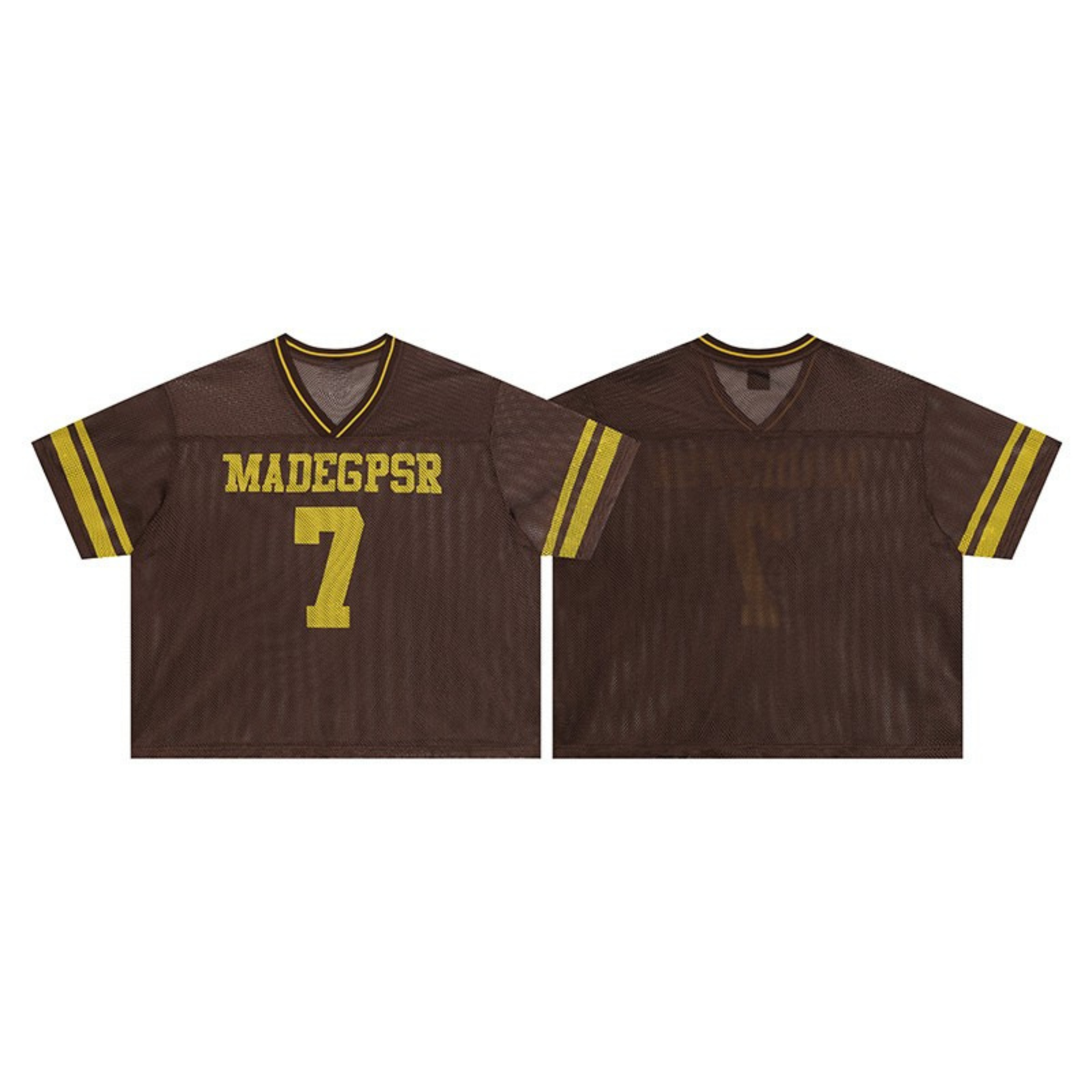 Brown mesh football jersey with gold MADEGPSR lettering and number 7, shown front and back on flat lay
