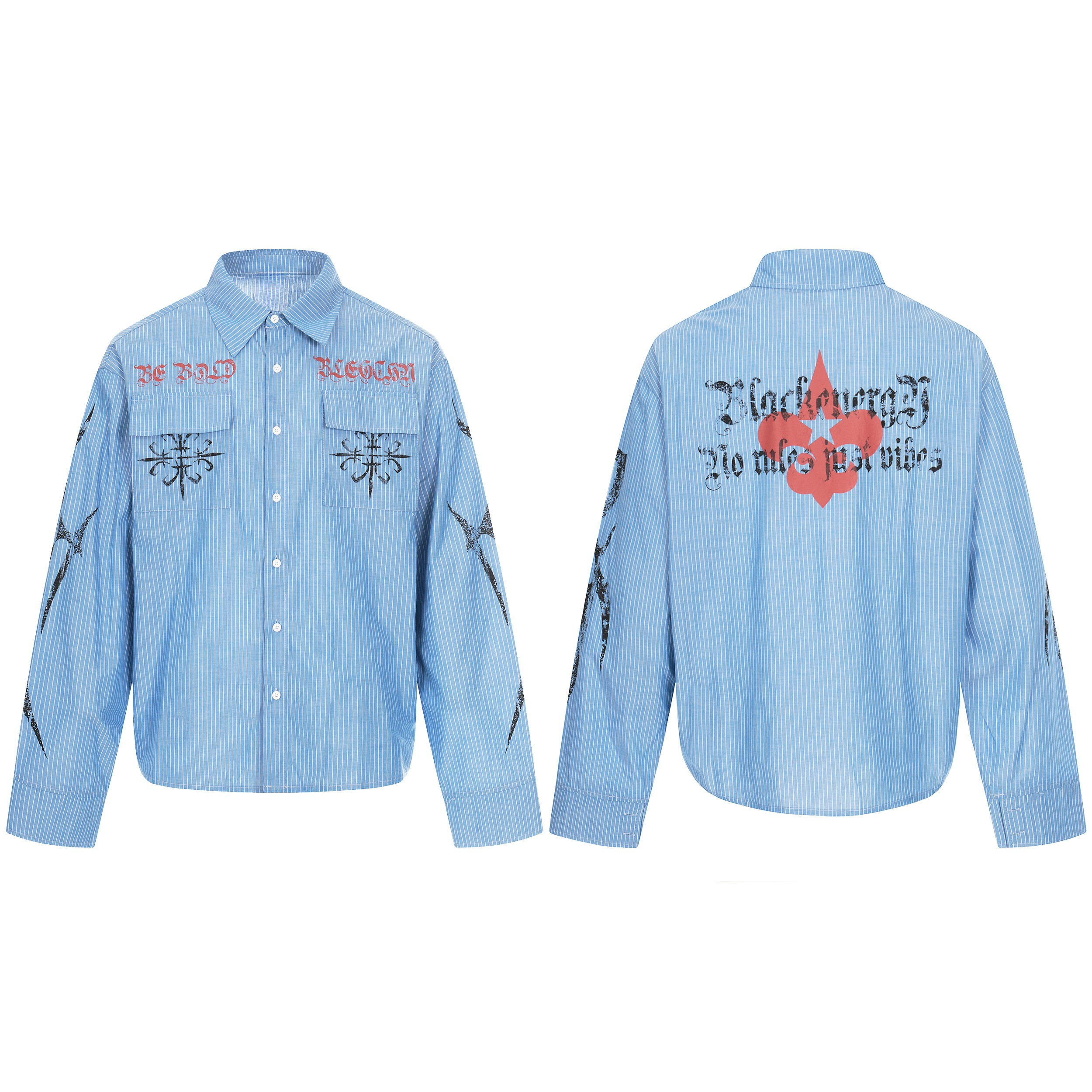 Light blue pinstripe cotton button-up shirt with gothic graphic prints on chest, sleeves, and back, shown front and back