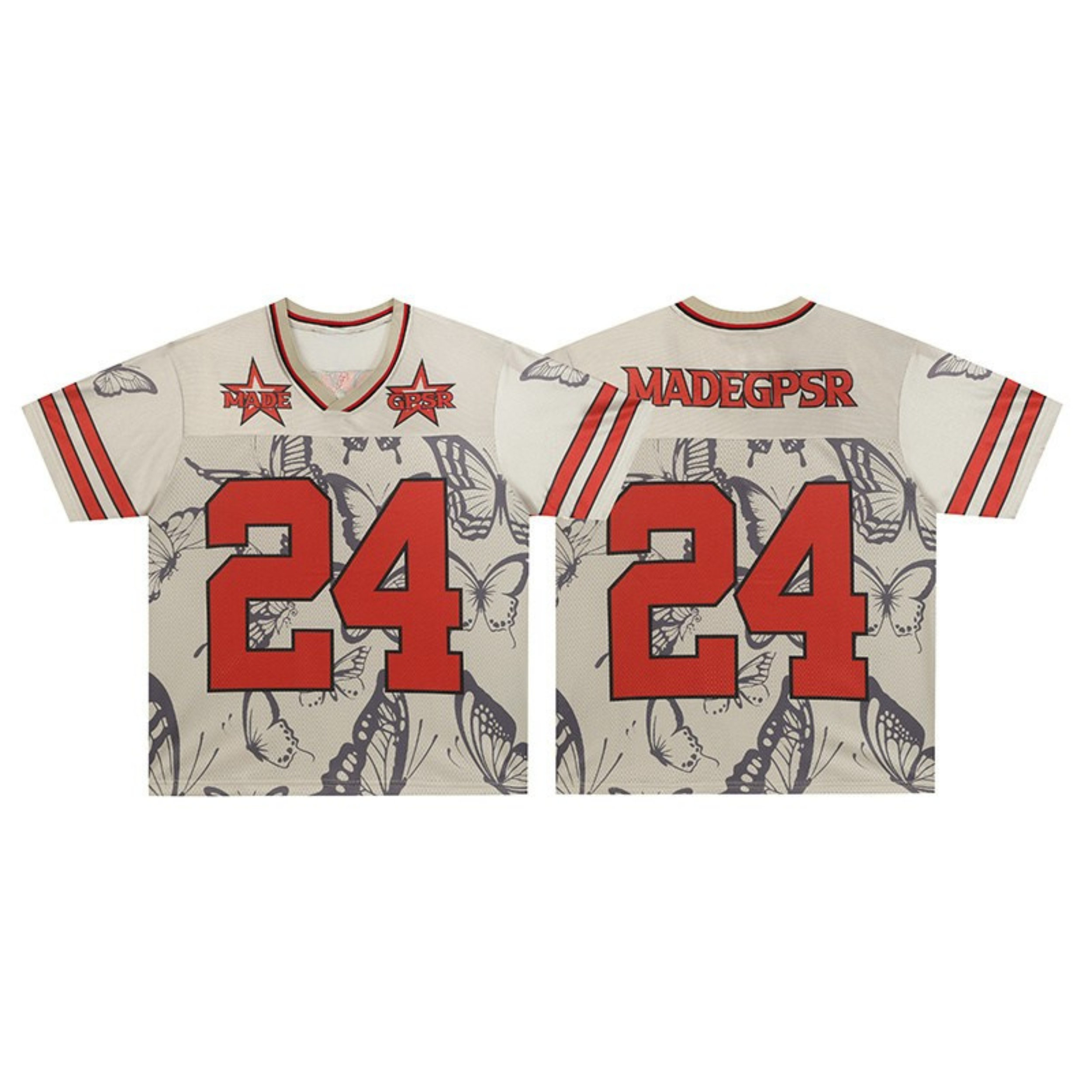 Cream football jersey with all-over butterfly print, red number 24, contrast stripe sleeves, front and back view