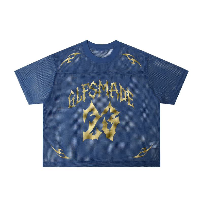 Blue oversized mesh jersey with yellow flame graphics and bold front lettering, laid flat on a white background