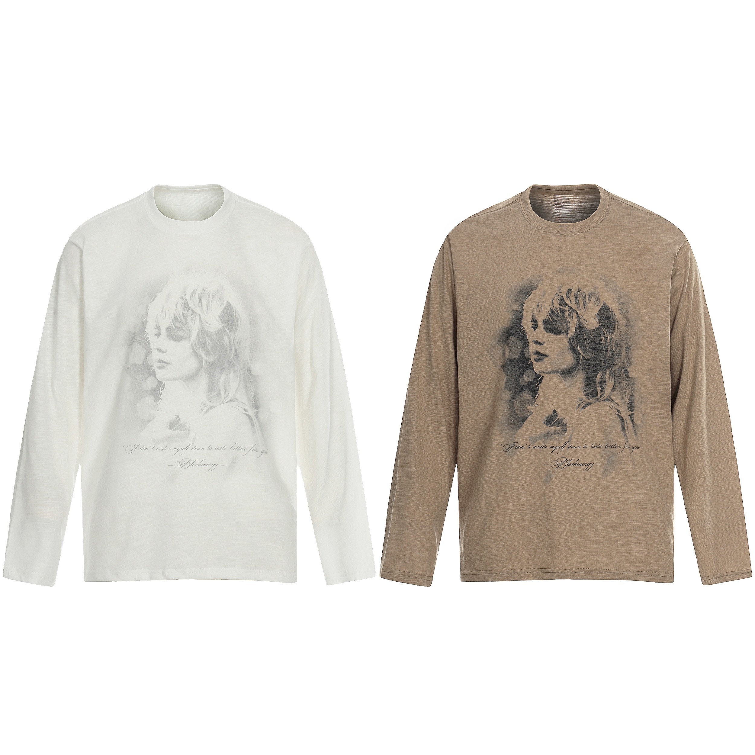 Off-white long sleeve crew neck tee with a soft washed vintage portrait graphic print and script quote on the chest