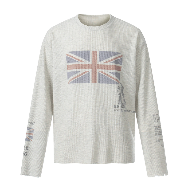 Light gray long sleeve tee front view with large Union Jack graphic on the chest
