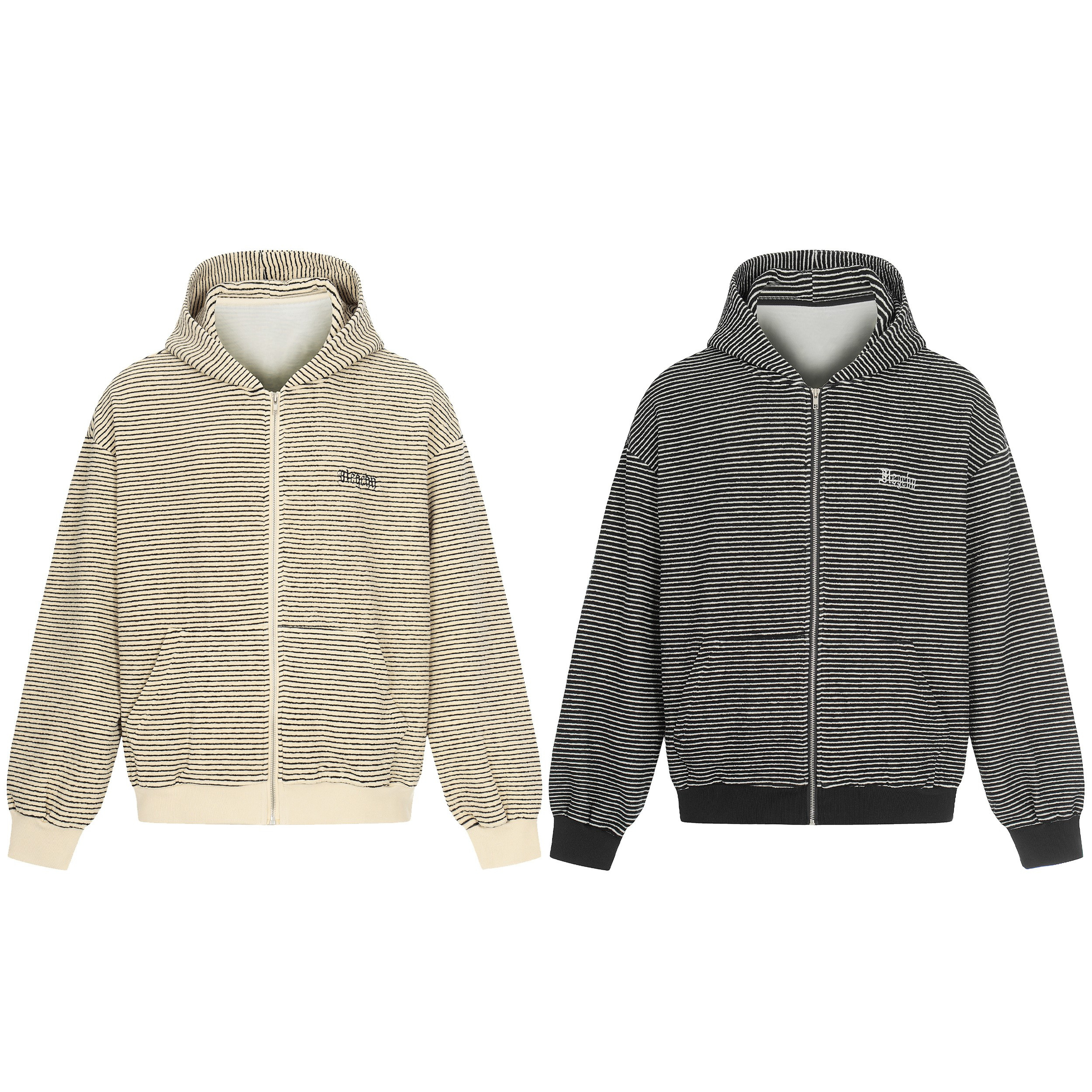 Cream and black striped full zip cotton hoodie with attached hood, ribbed cuffs, and chest logo embroidery