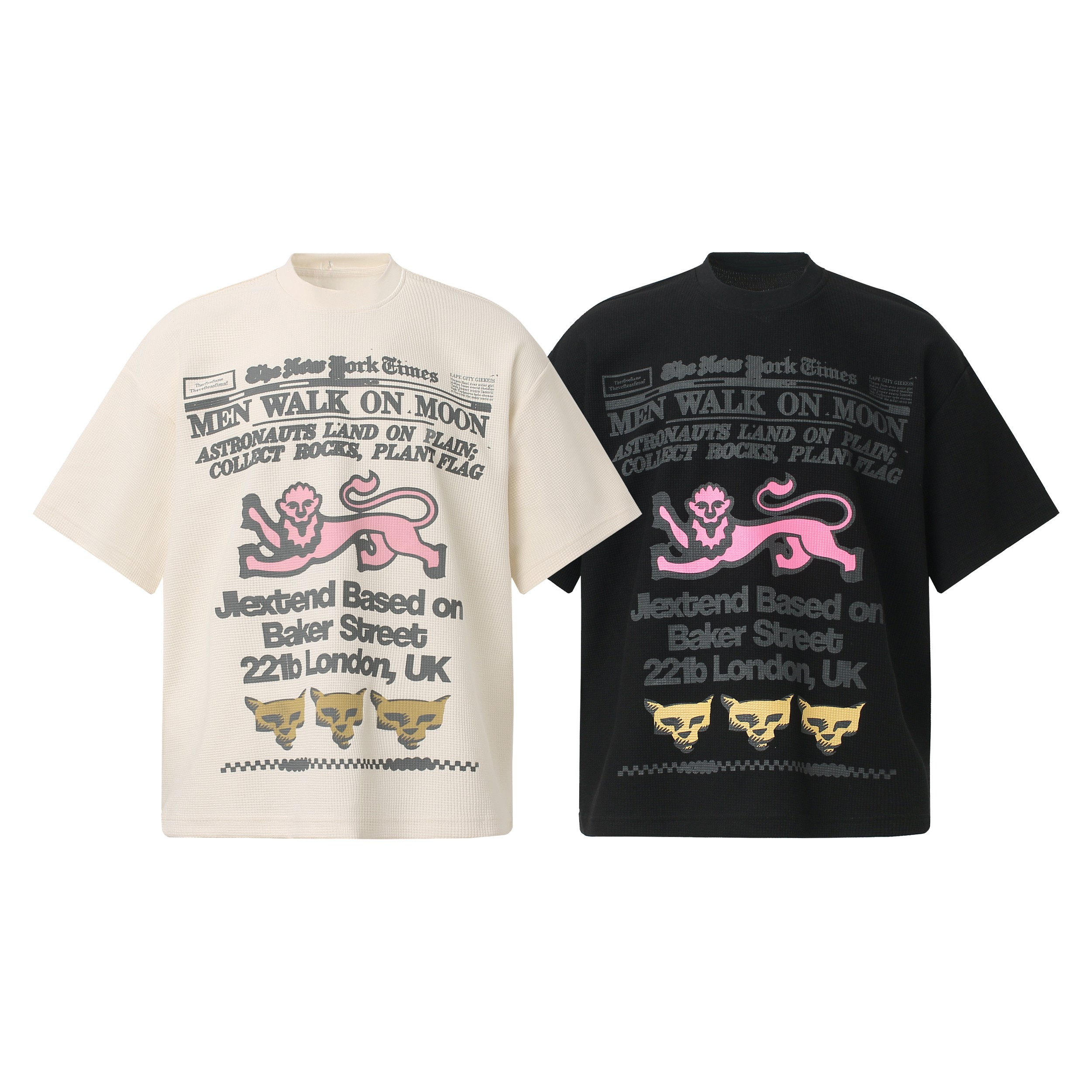 Off-white and black waffle fabric tees with vintage New York Times newspaper graphic print and pink lion design