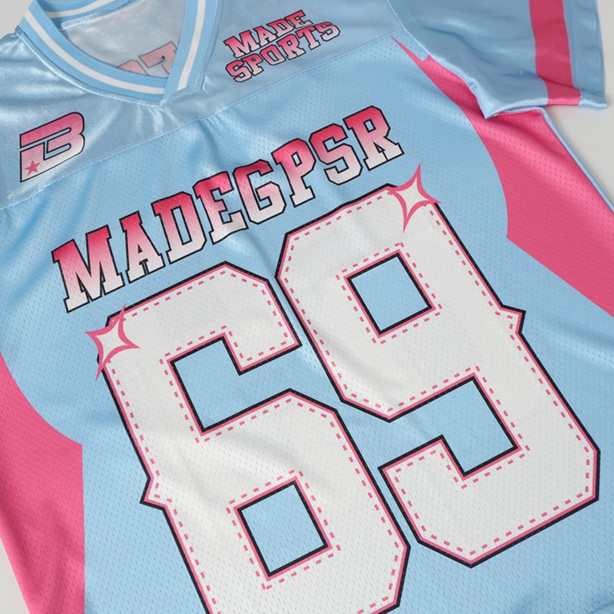 Y2K Football Jersey | Baby Blue & Pink Streetwear Mesh Top