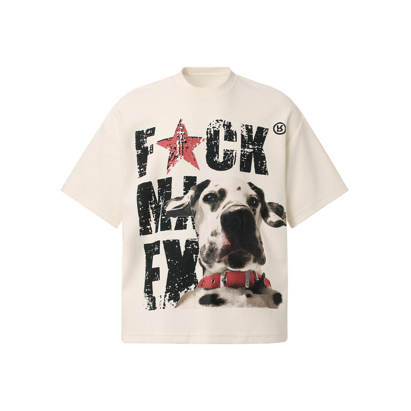 Cream streetwear T-shirt with distressed F*CK ME graphic and a large dog print on the front