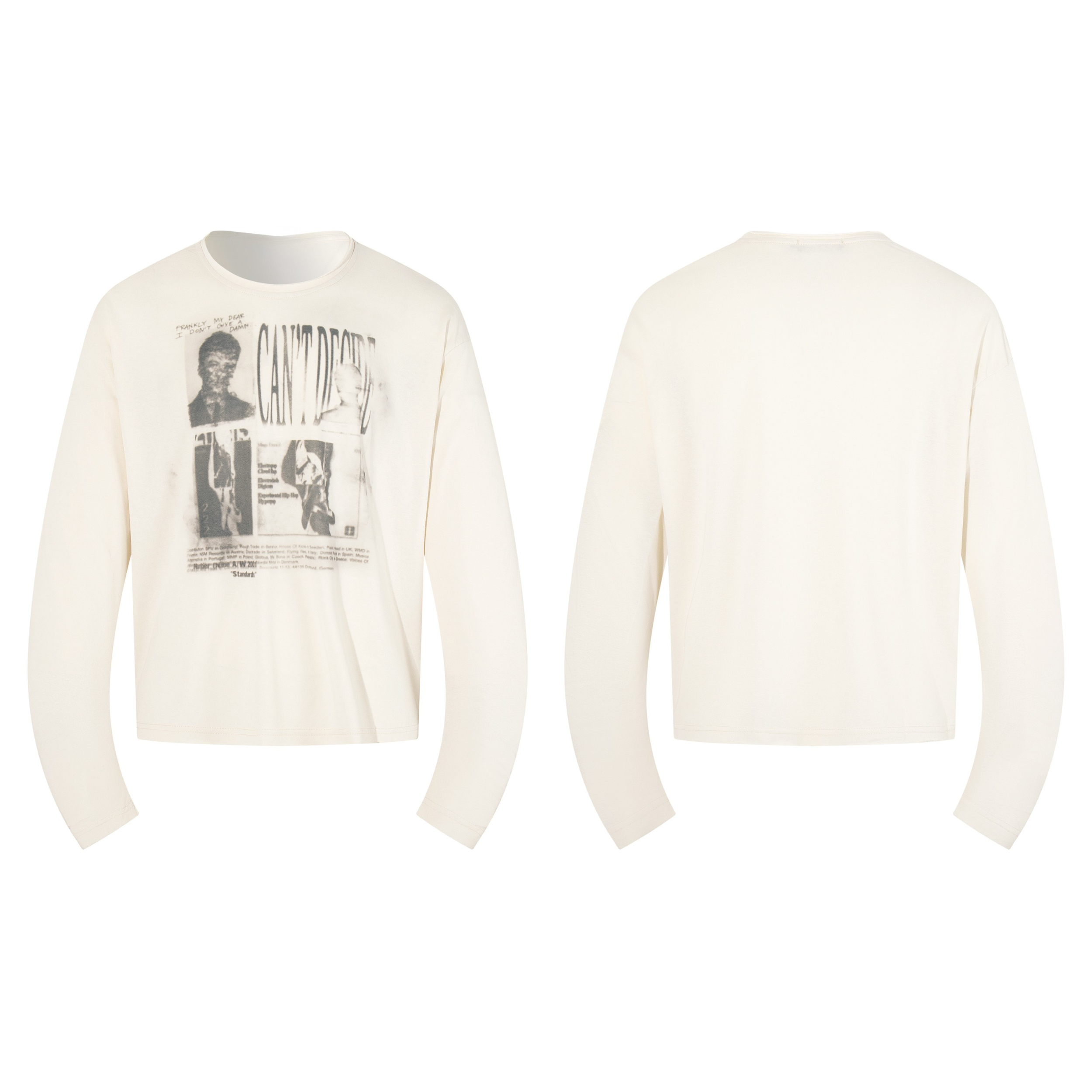 Off-white long sleeve tee with distressed collage graphic print on the front, shown from front and back