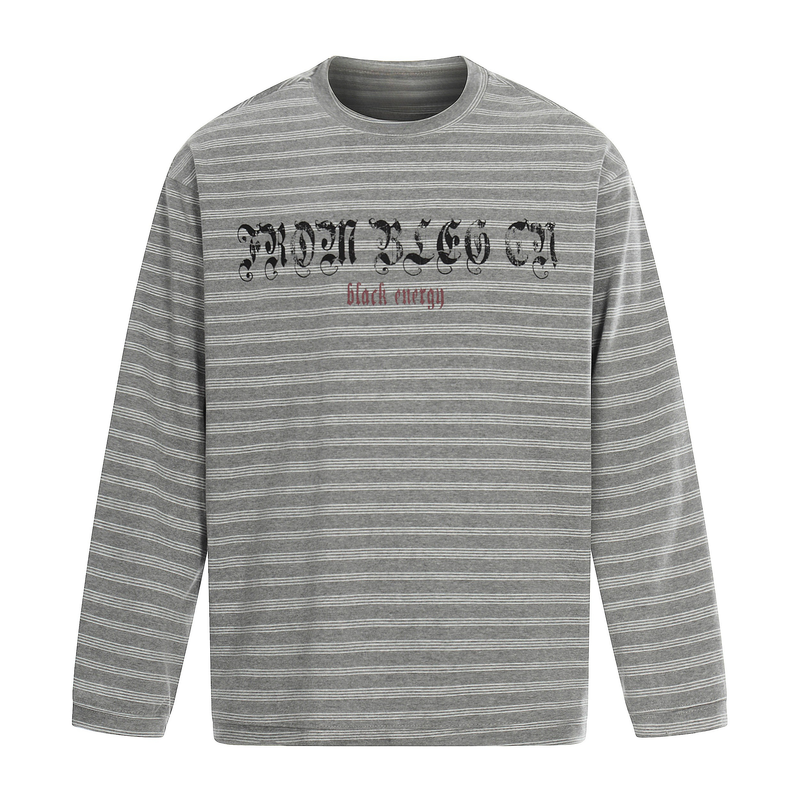 Gray striped long sleeve tee with Gothic logo and black-red chest graphic, front flat lay