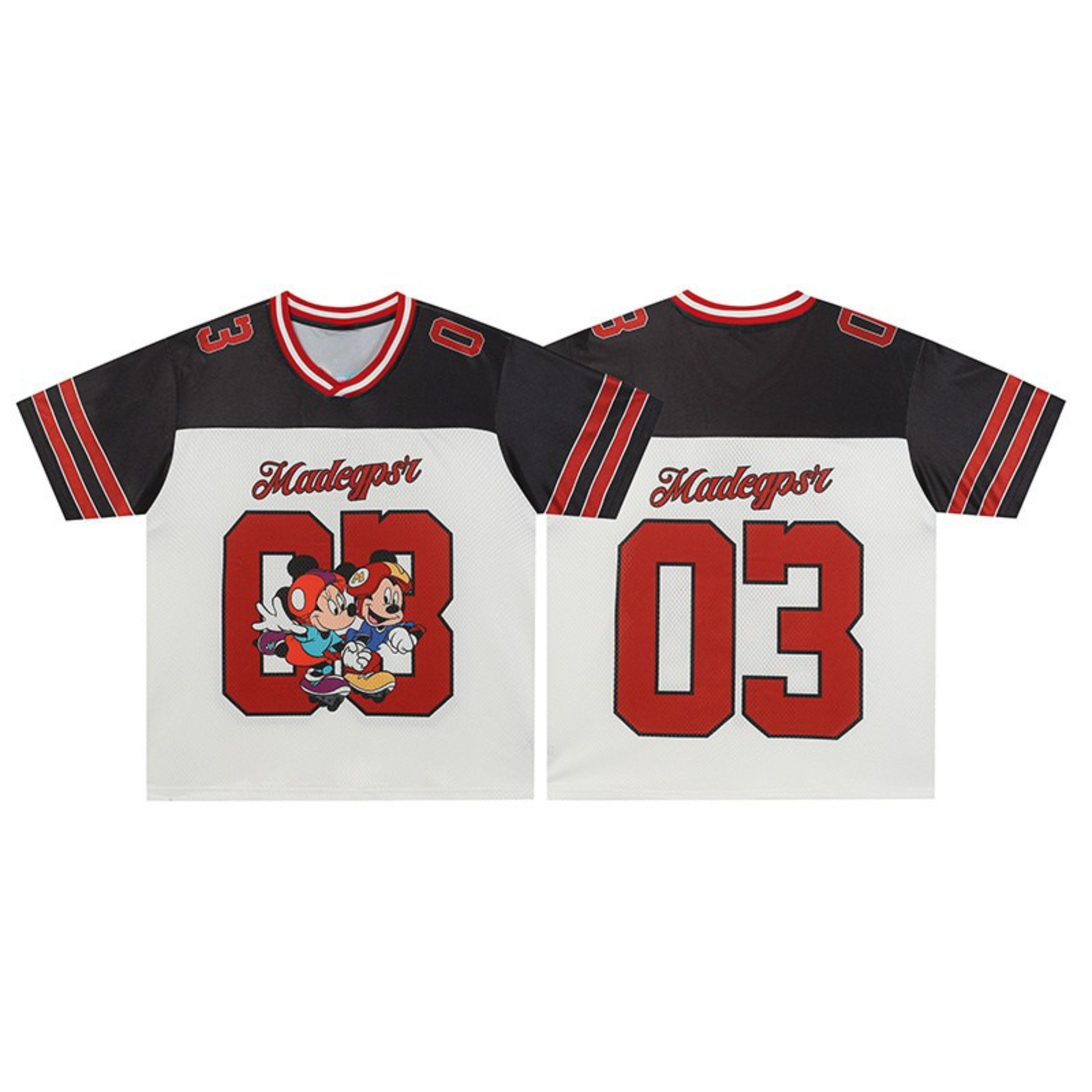 Front and back view of a black and white football jersey with Mickey and Minnie Mouse graphic and number 03 print