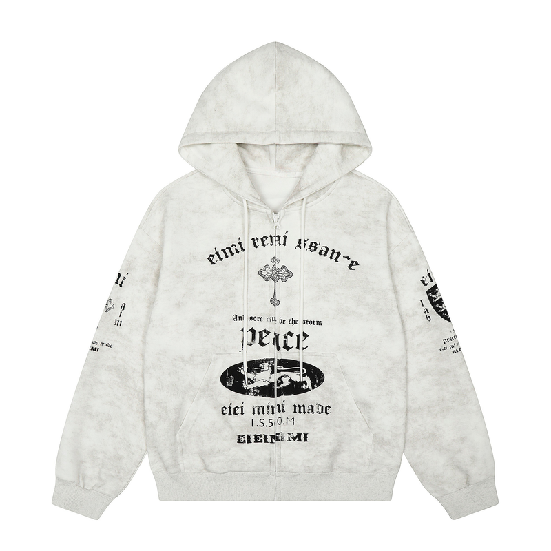 Front view of white zip-up hoodie with black gothic graphics and drawstrings