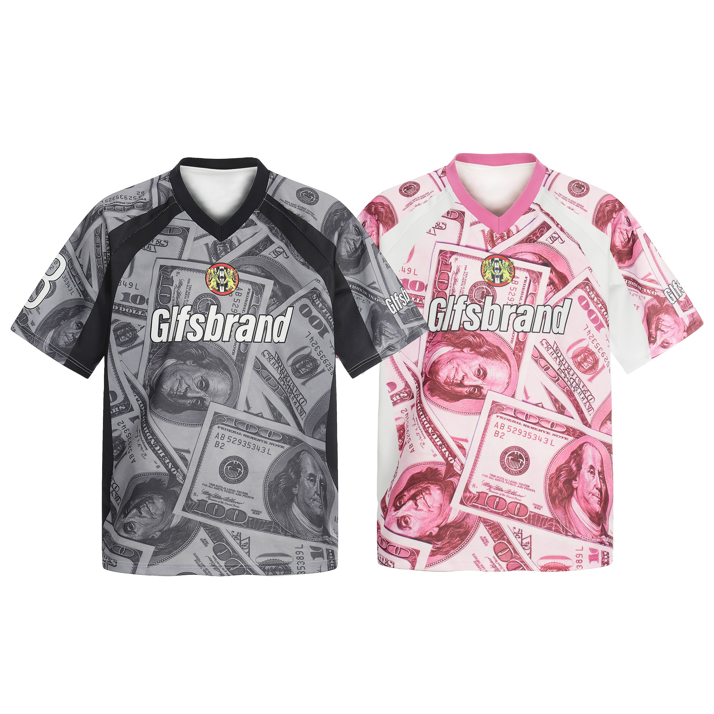 Glfsbrand dollar bill print mesh football jerseys in greyscale black and pink colorways displayed side by side on white backg