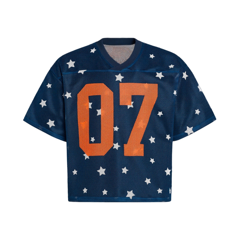 Navy mesh varsity jersey with white star print and oversized orange 07 graphic, short sleeves and V-neck