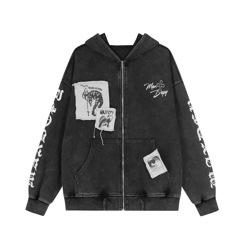 Black zip hoodie front view with distressed graphic patches and white sleeve print