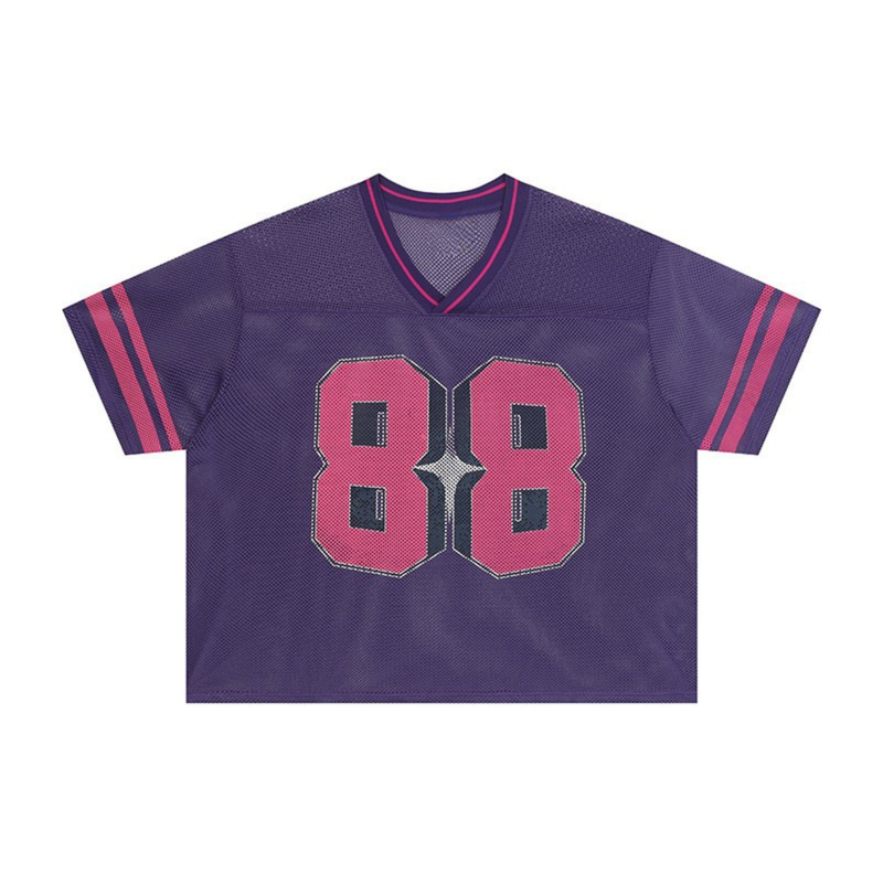Purple mesh varsity football jersey with pink number 88 and striped sleeves on a white background