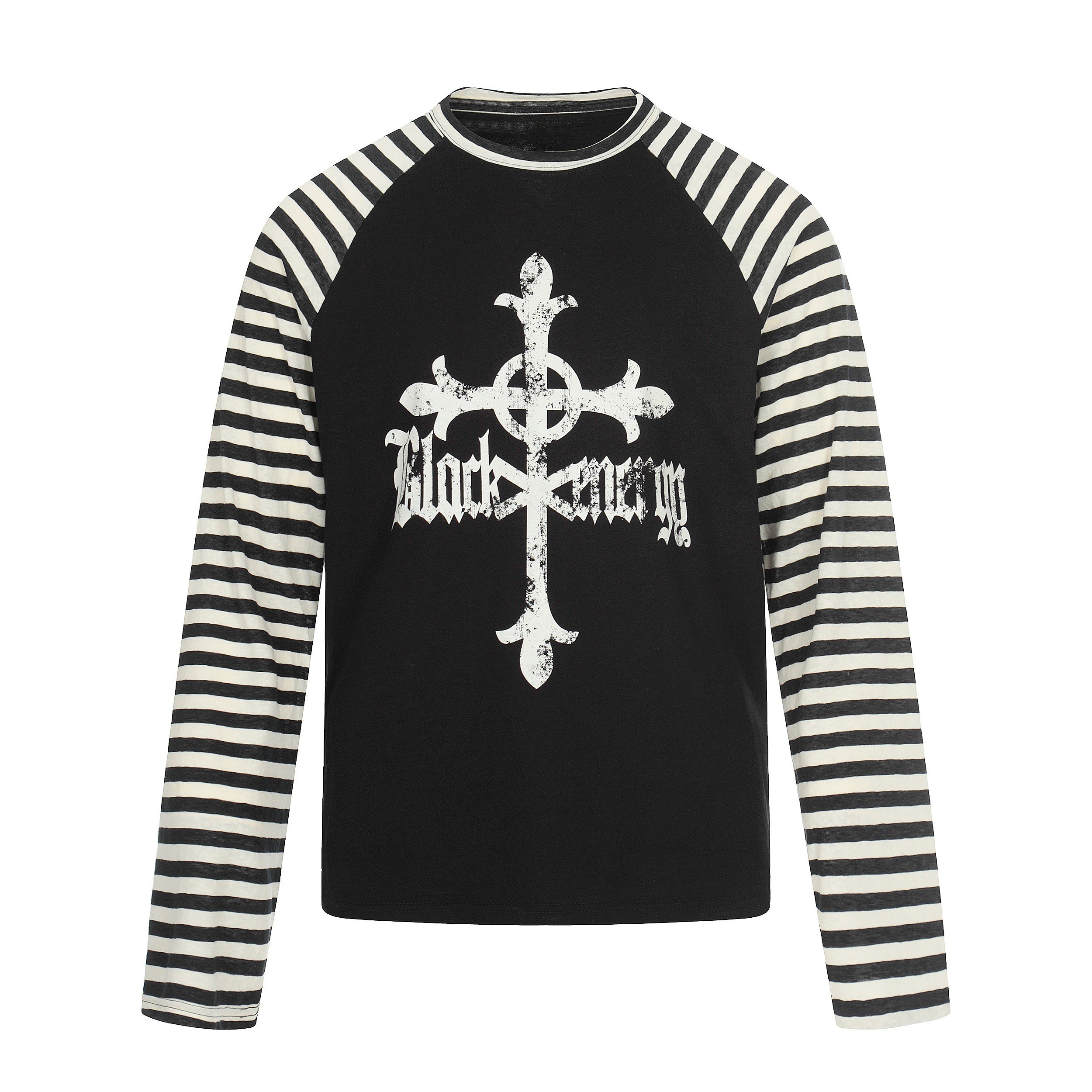 Gothic Cross Graphic Raglan Long Sleeve Tee | Striped Sleeves