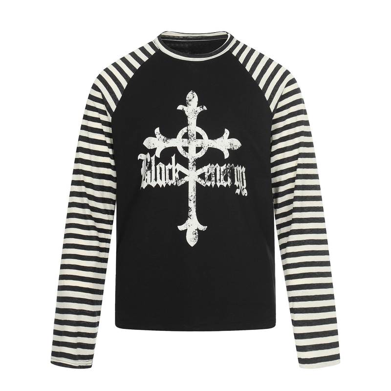 Black raglan long sleeve tee with cream striped sleeves and white gothic cross graphic