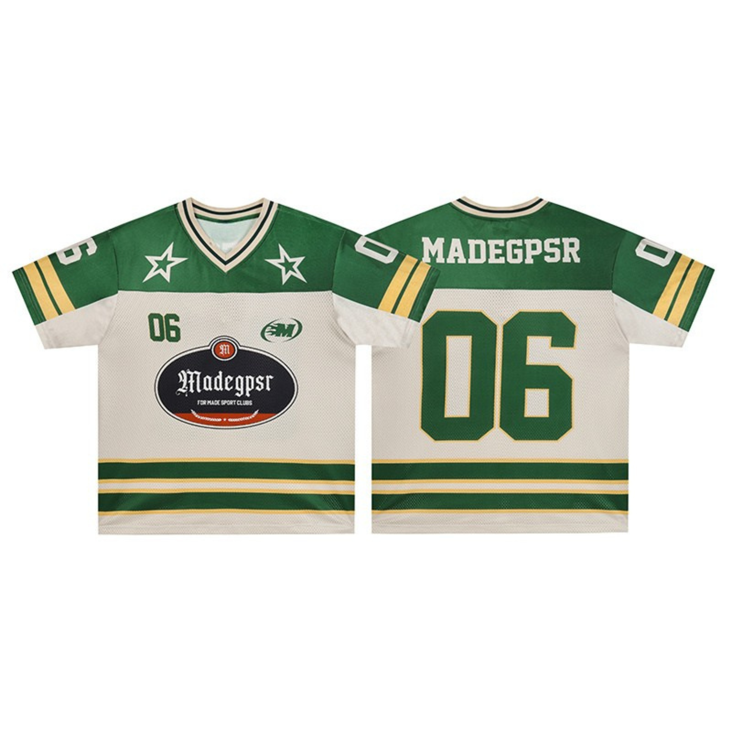 Front and back view of a cream and green collegiate football jersey with number 06, star accents, and gold stripe detailing