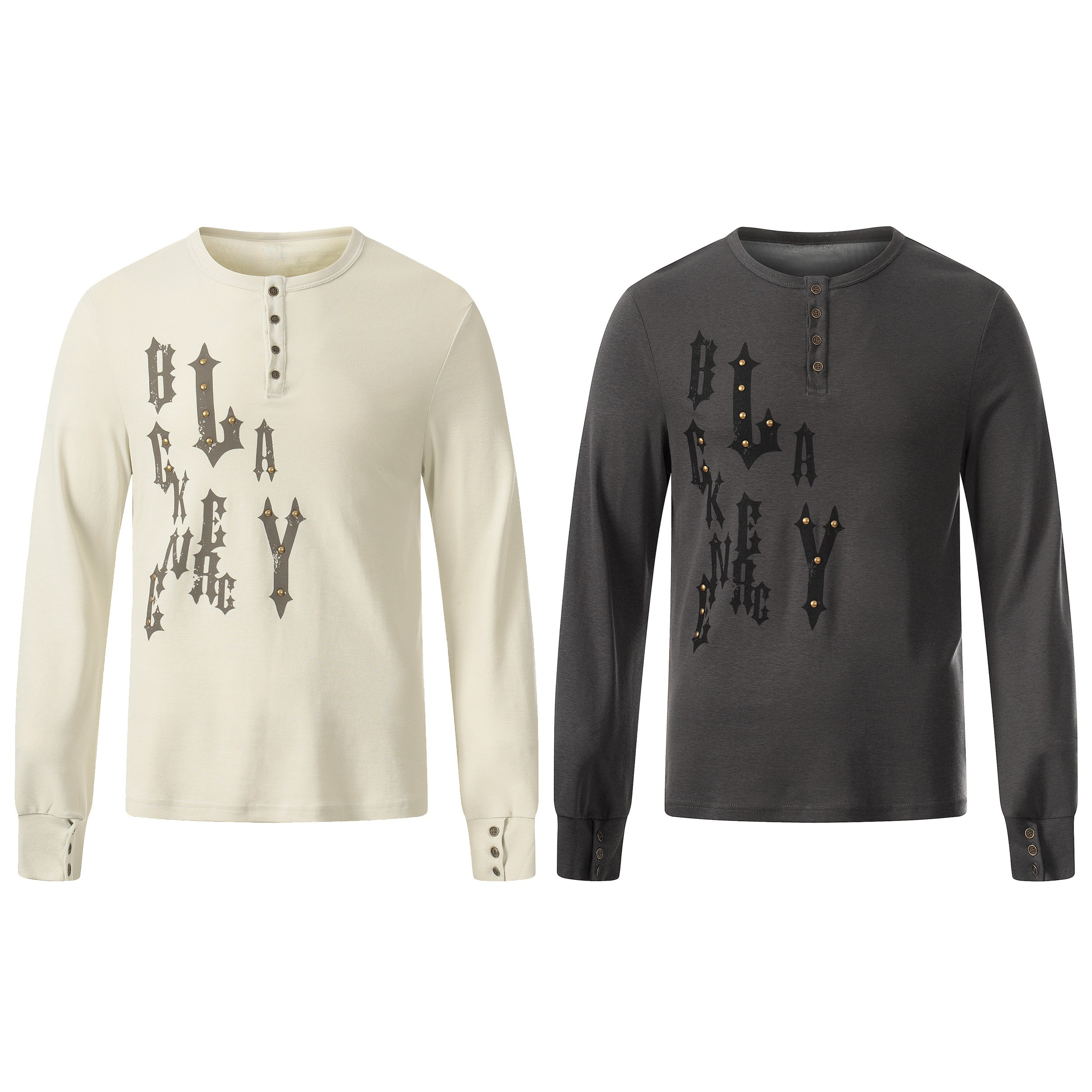 Off-white long sleeve Henley tee with scattered gothic lettering and brass stud accents on a clean white background