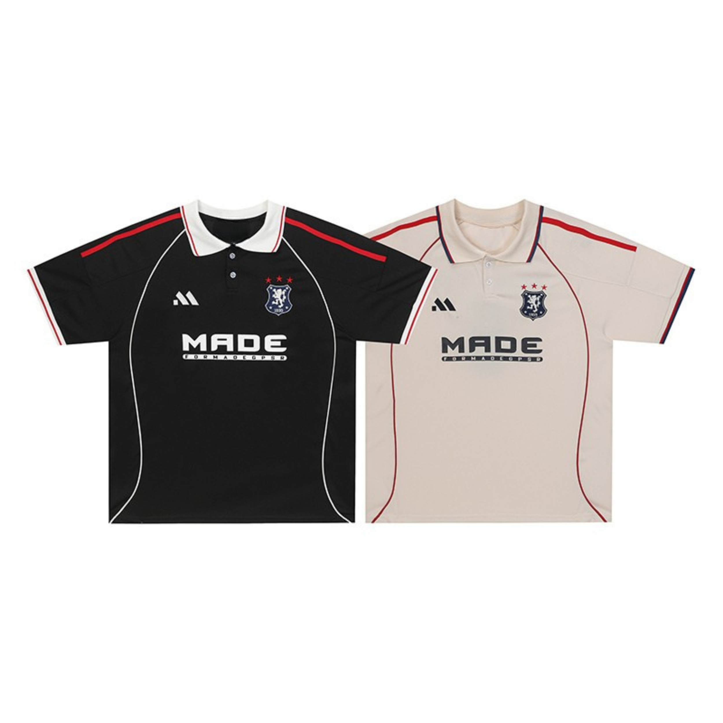 Black and cream club crest football polo jerseys with red contrast stripes and white piping, laid flat on white background