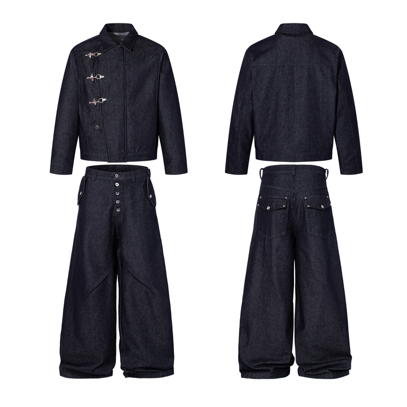 Men's Dark Indigo Denim Jacket with Metal Buckle Detail