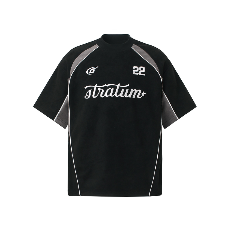 Black athletic streetwear T-shirt with gray panel accents, white piping, and Stratum graphic on the chest